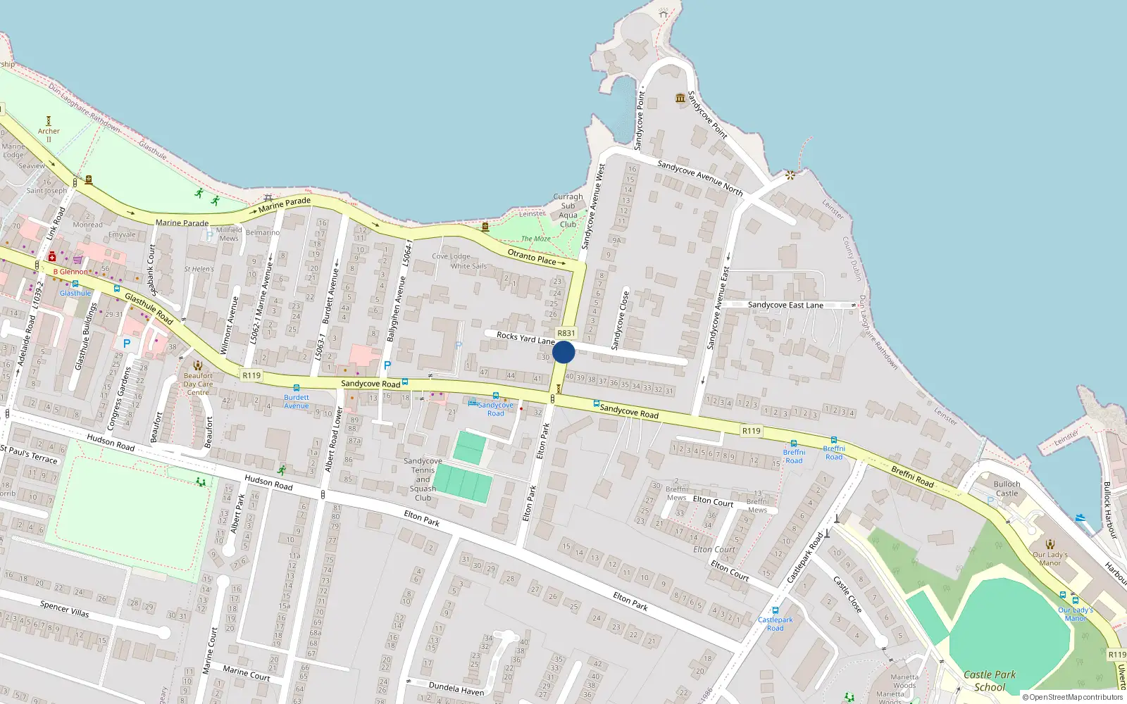 Overhead map showing the location of 31 Sandycove Avenue West, Sandycove