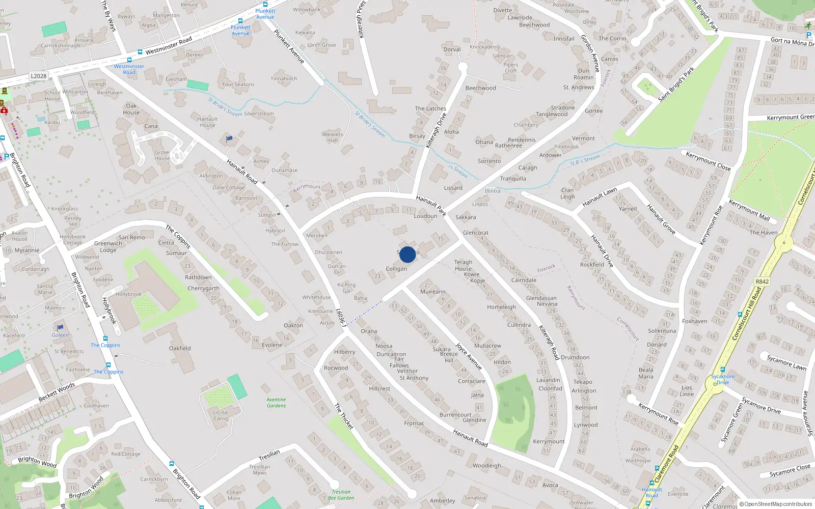 Overhead map showing the location of 19 Hainault Park, Dublin 18
