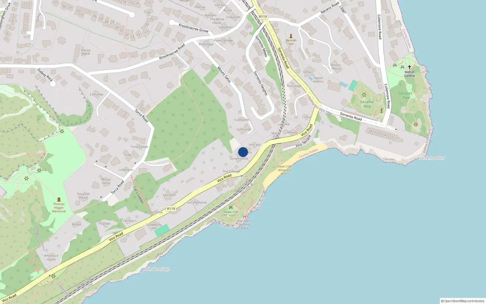 Overhead map showing the location of 14 Vico Road, Killiney