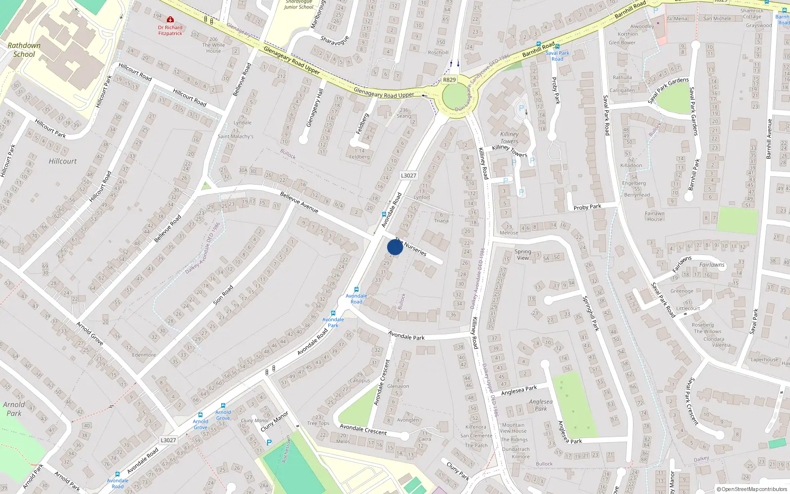 Overhead map showing the location of 23 Avondale Road, Killiney