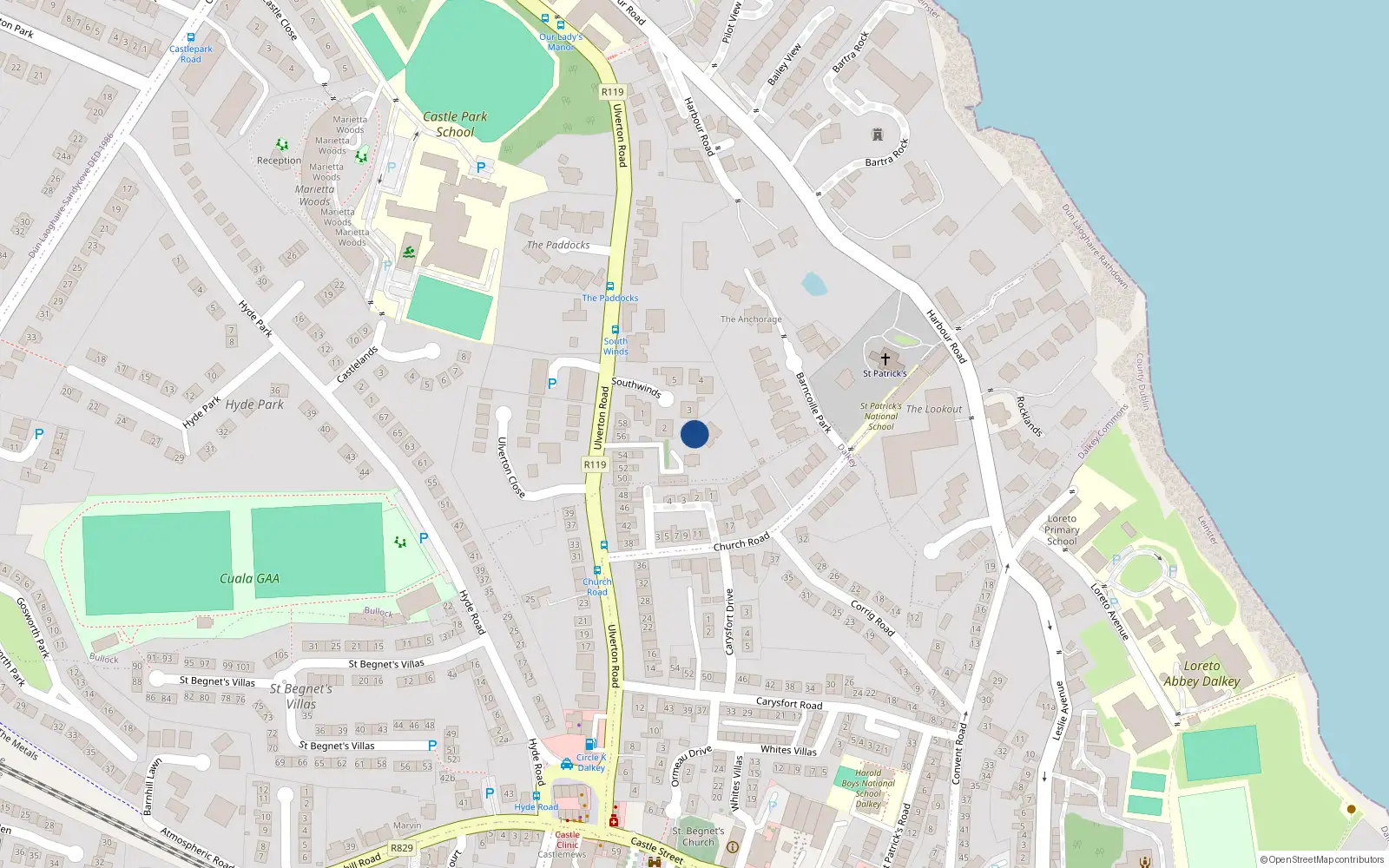 Overhead map showing the location of Bullock, Dublin, Co. Dublin