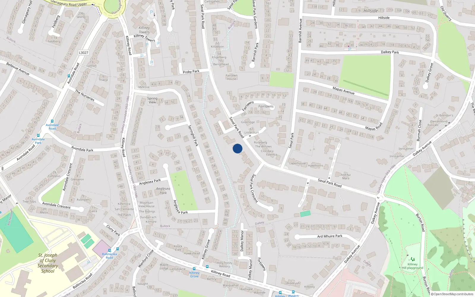Overhead map showing the location of Saval Park Road, Dalkey