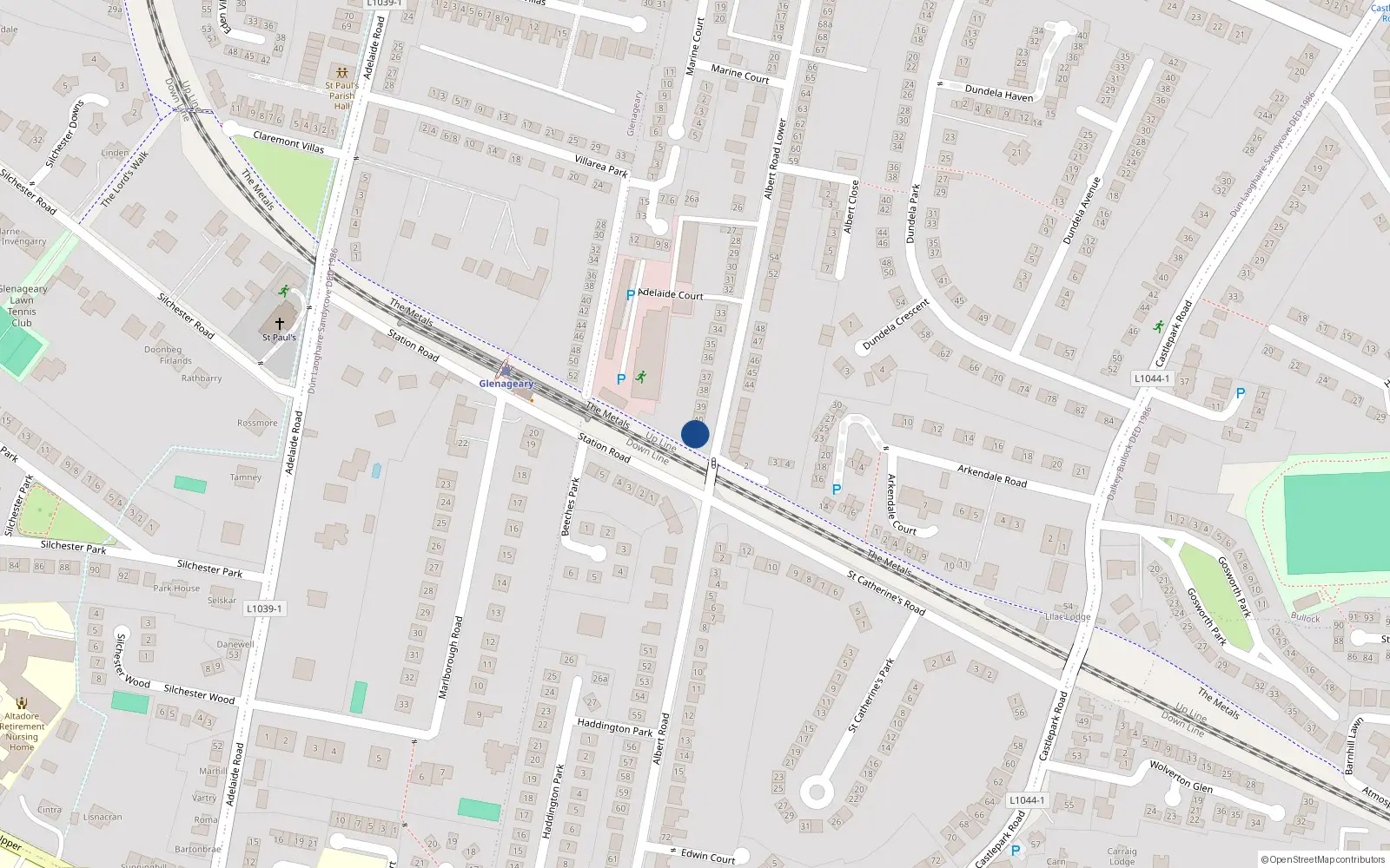 Overhead map showing the location of Albert Road Lower, Glenageary