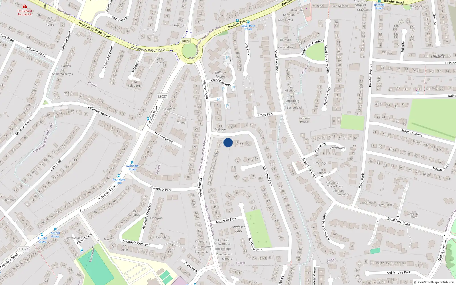 Overhead map showing the location of Bullock, Dublin, Co. Dublin