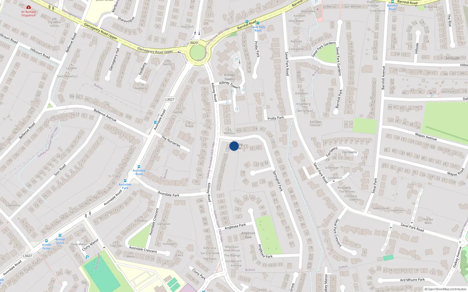 Overhead map showing the location of Springhill Park, Dalkey