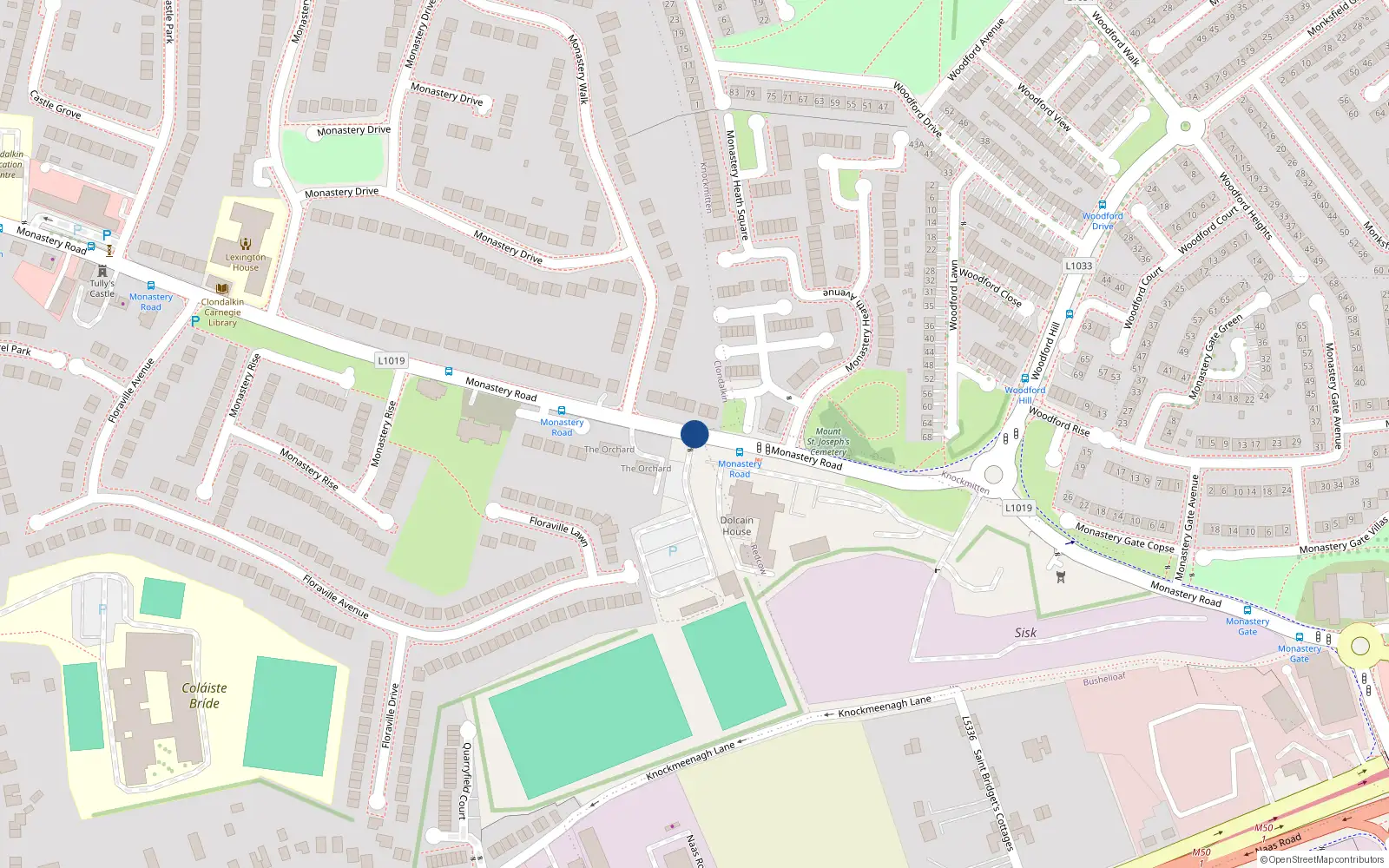 Overhead map showing the location of Monastery Road, Clondalkin