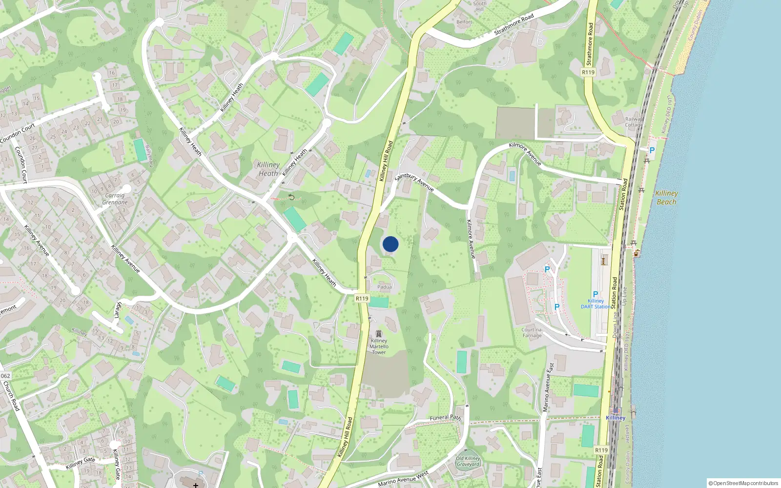 Overhead map showing the location of St Anns and Abbeyvilla, Killiney Hill Road, Killiney