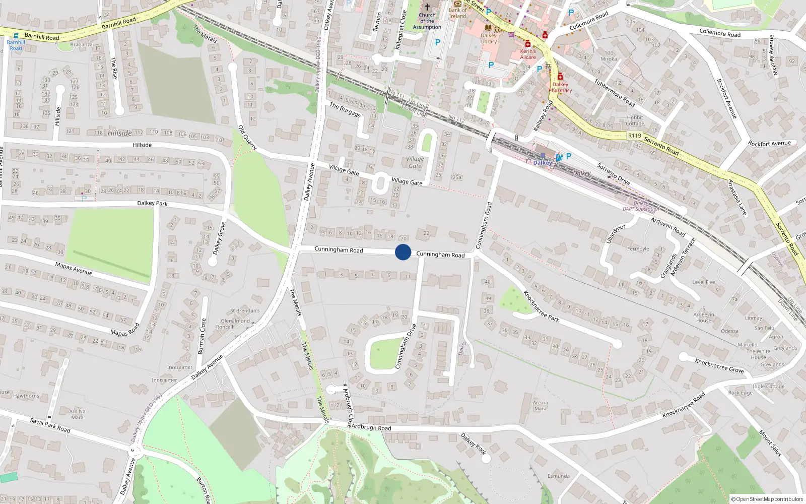 Overhead map showing the location of Cunningham Road, Dalkey
