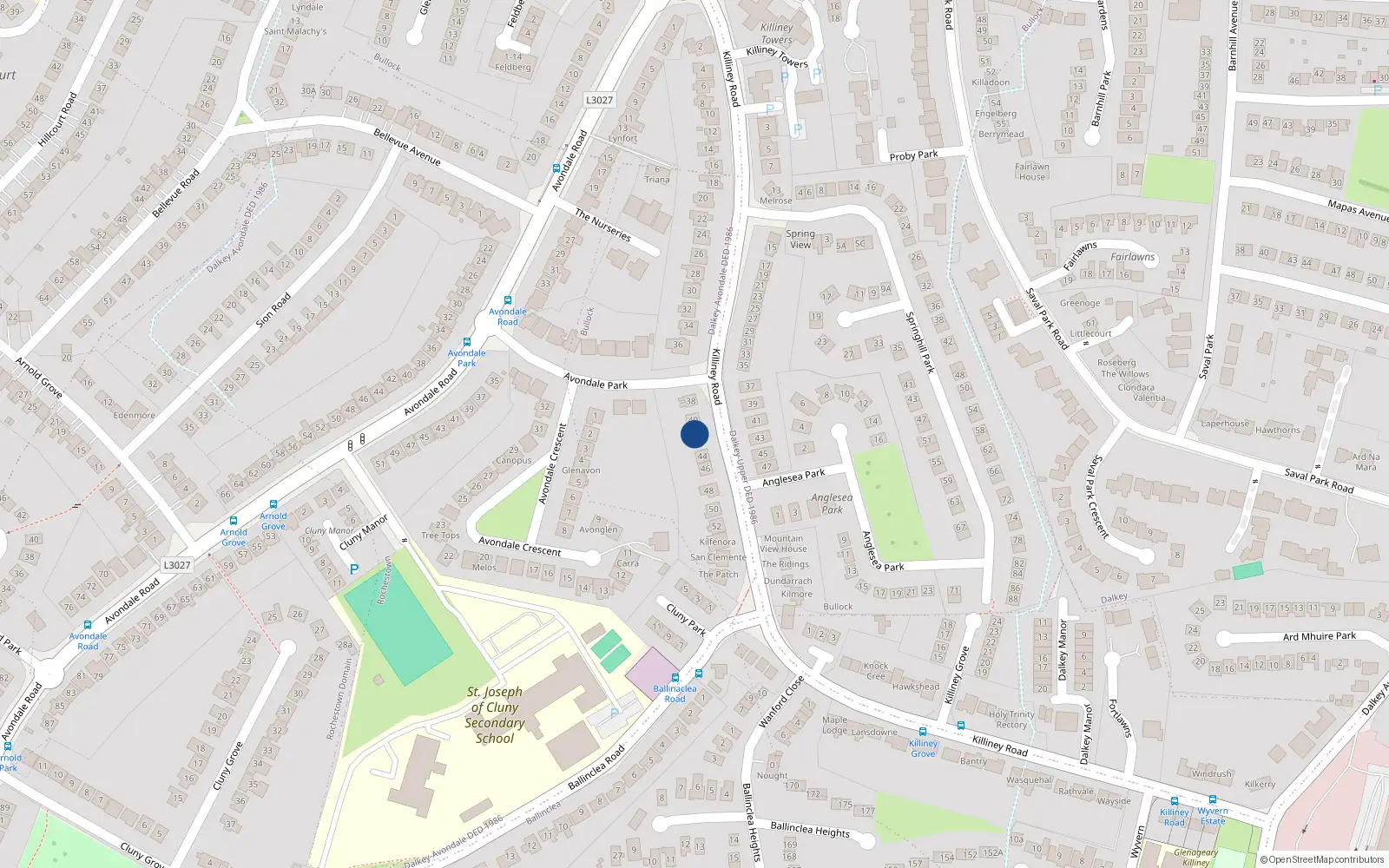 Overhead map showing the location of 42 Killiney Road, Killiney
