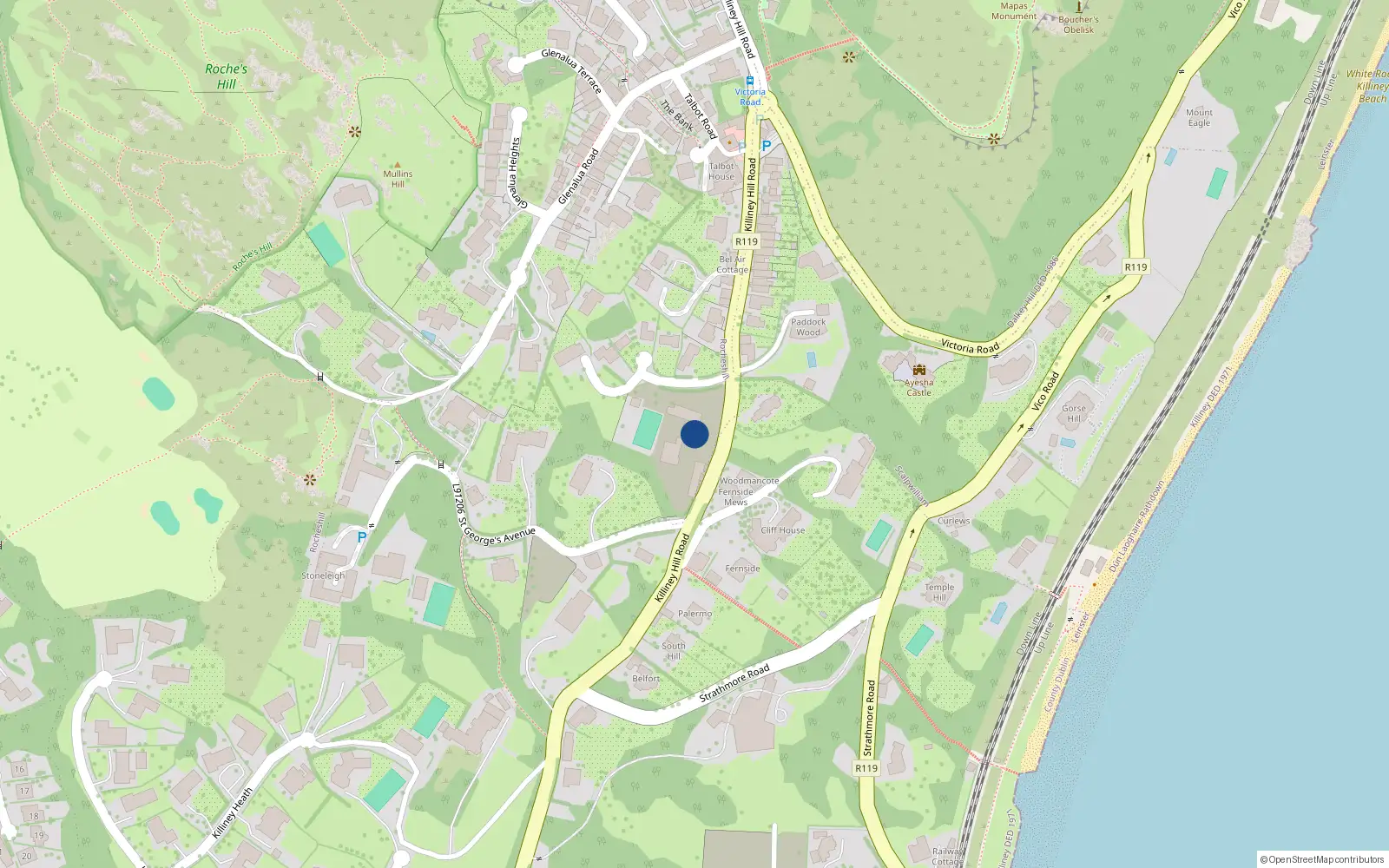 Overhead map showing the location of Killiney Hill Road, Killiney