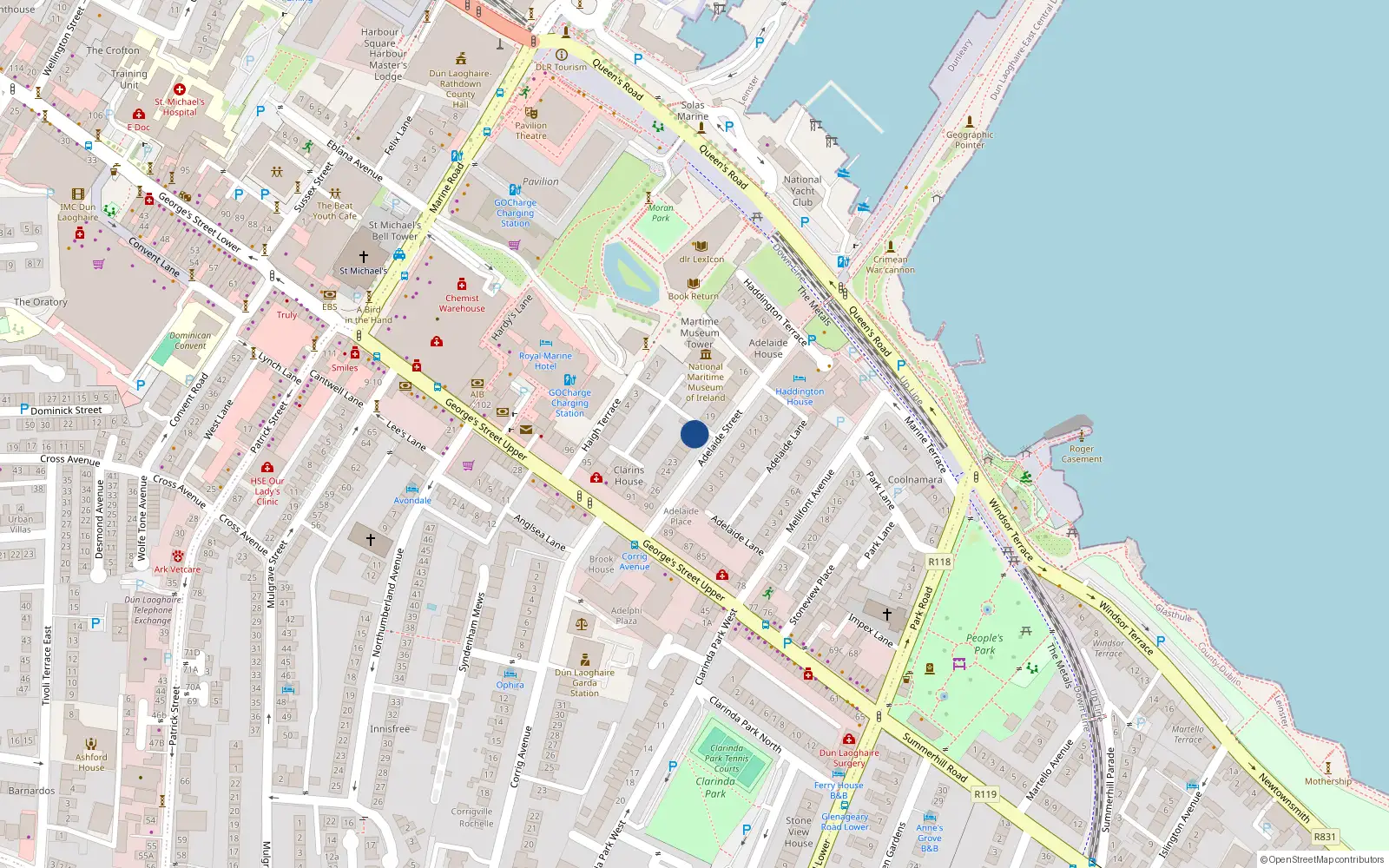 Overhead map showing the location of 20B Adelaide Street, Dunlaoghaire