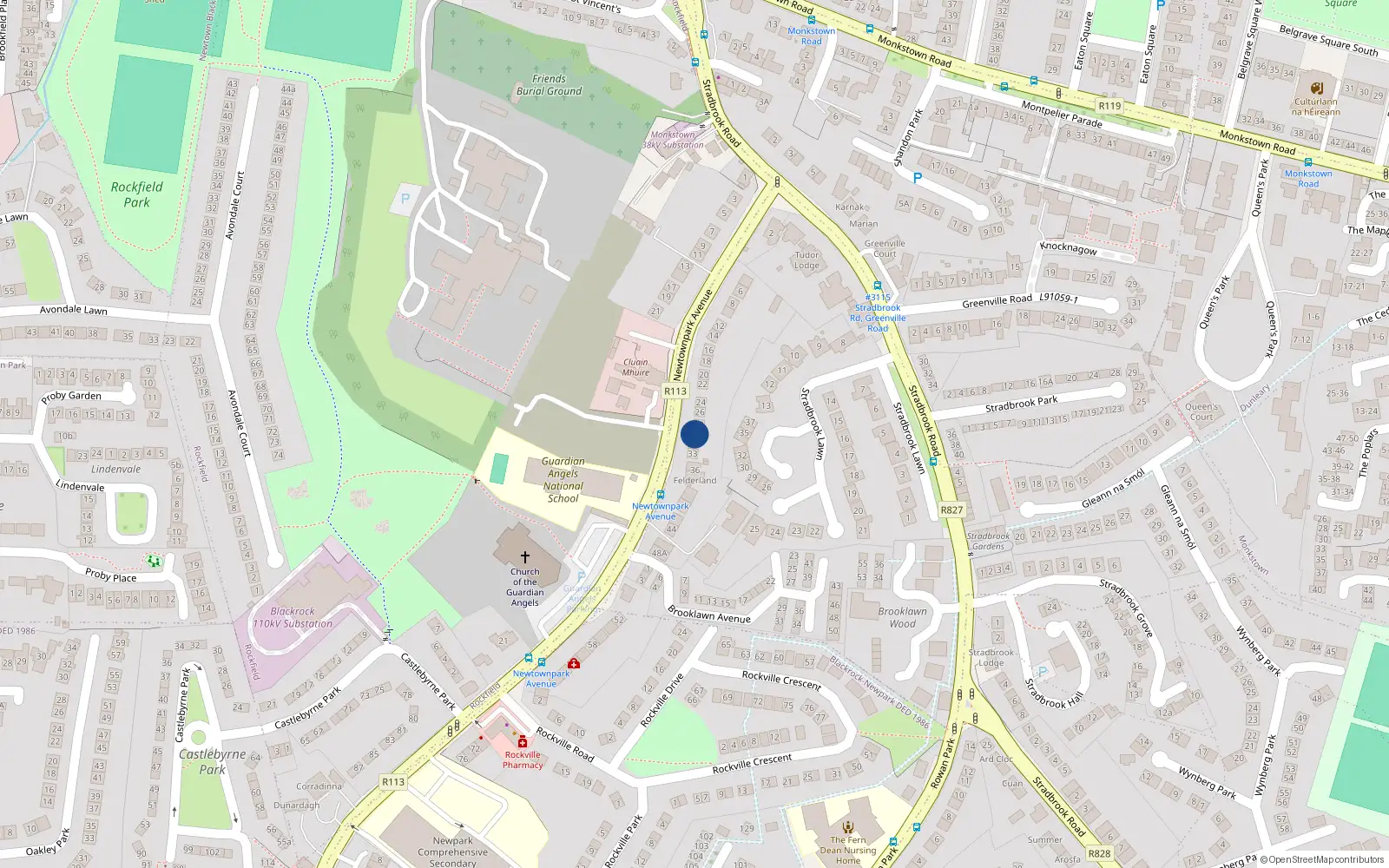 Overhead map showing the location of 30 Newtownpark Avenue, Blackrock