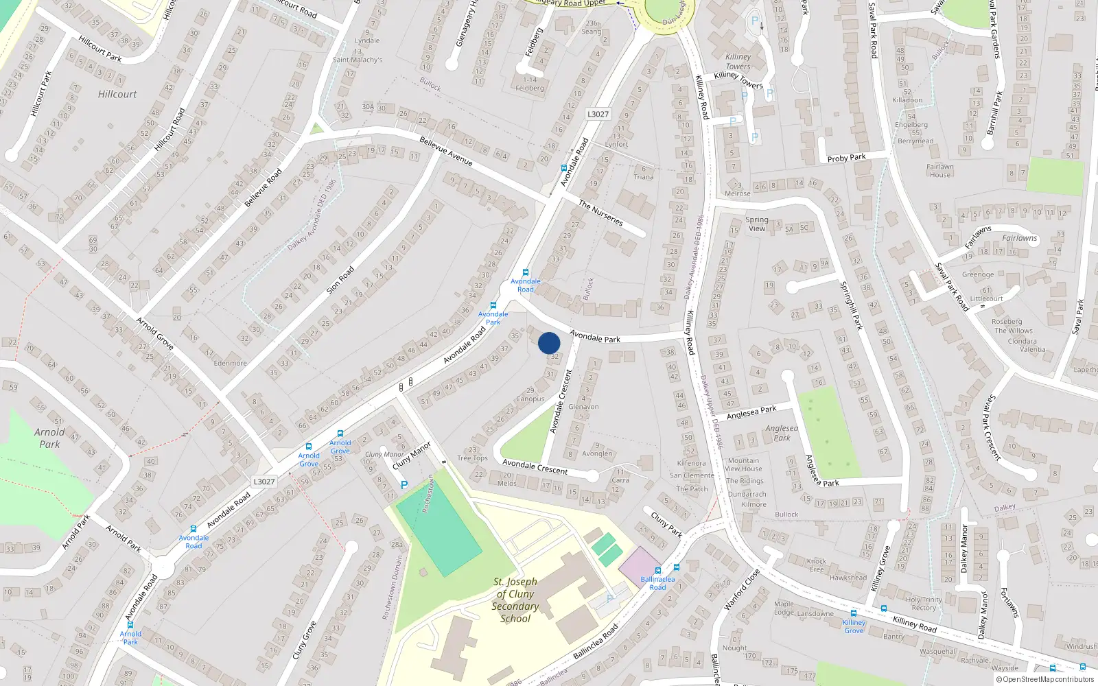 Overhead map showing the location of St Helier, 9 Avondale Park, Killiney