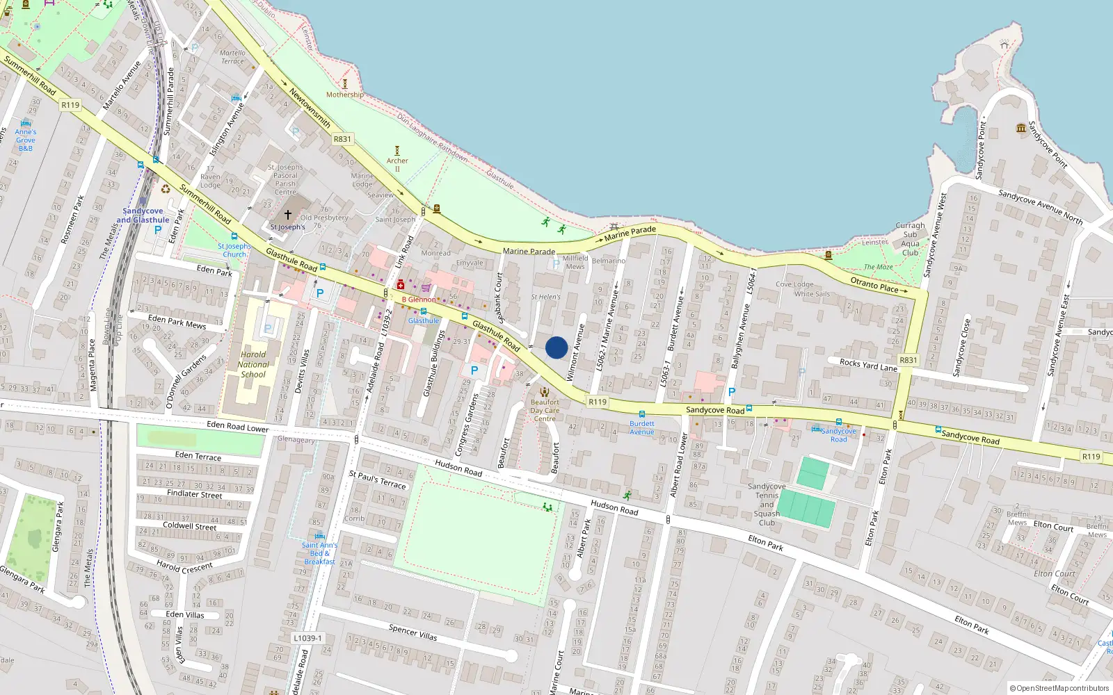 Overhead map showing the location of 48 Glasthule Road, Glasthule