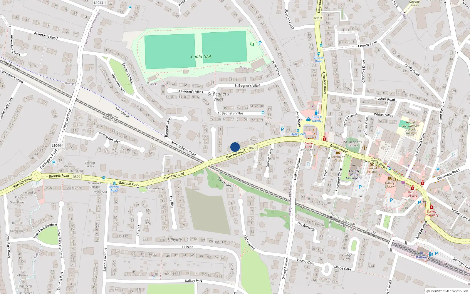 Overhead map showing the location of 39 Barnhill Road, Dalkey