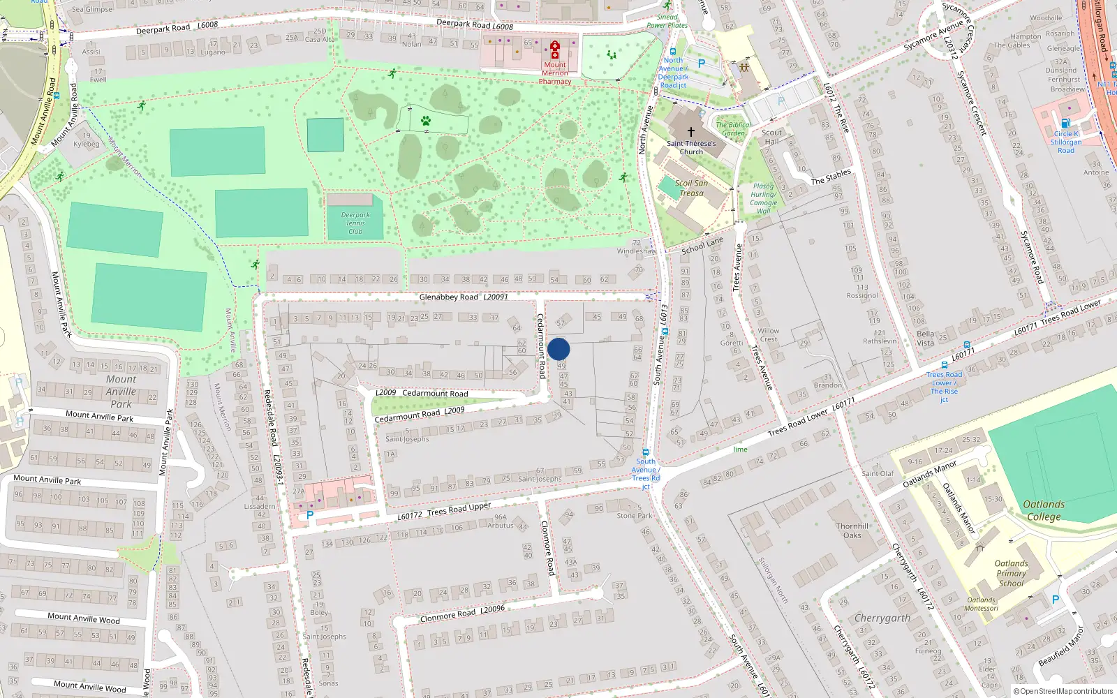 Overhead map showing the location of St Martins, 53 Cedarmount Road, Mount Merrion