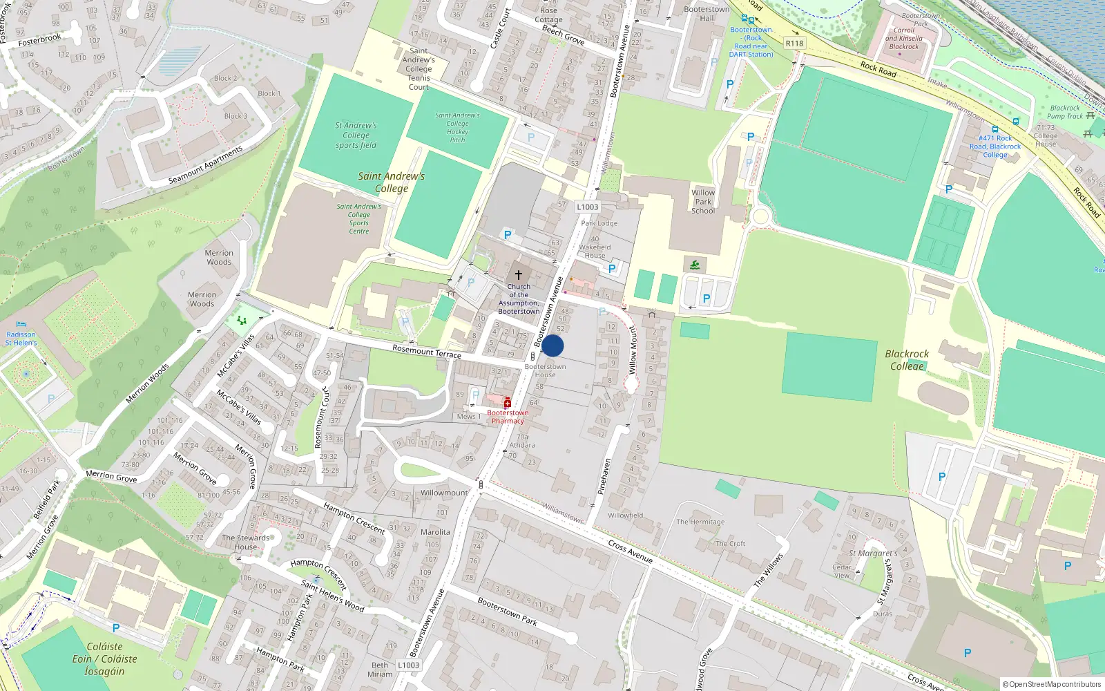 Overhead map showing the location of 54 Booterstown Avenue, Blackrock