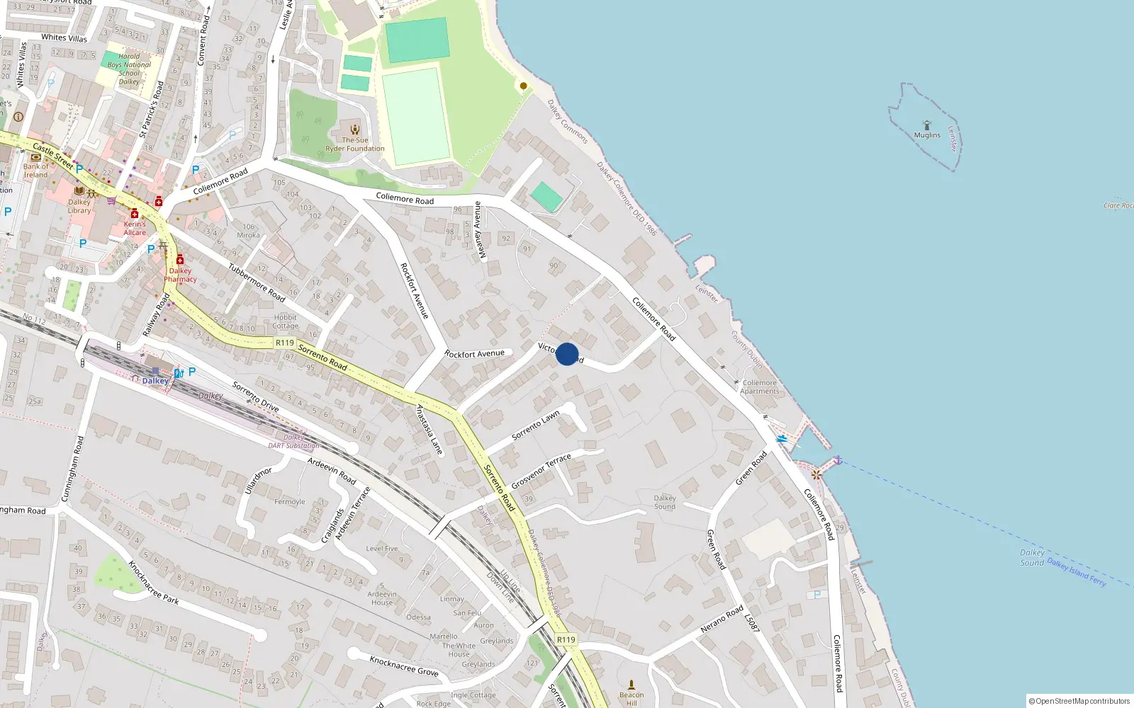 Overhead map showing the location of Victoria Road, Dalkey