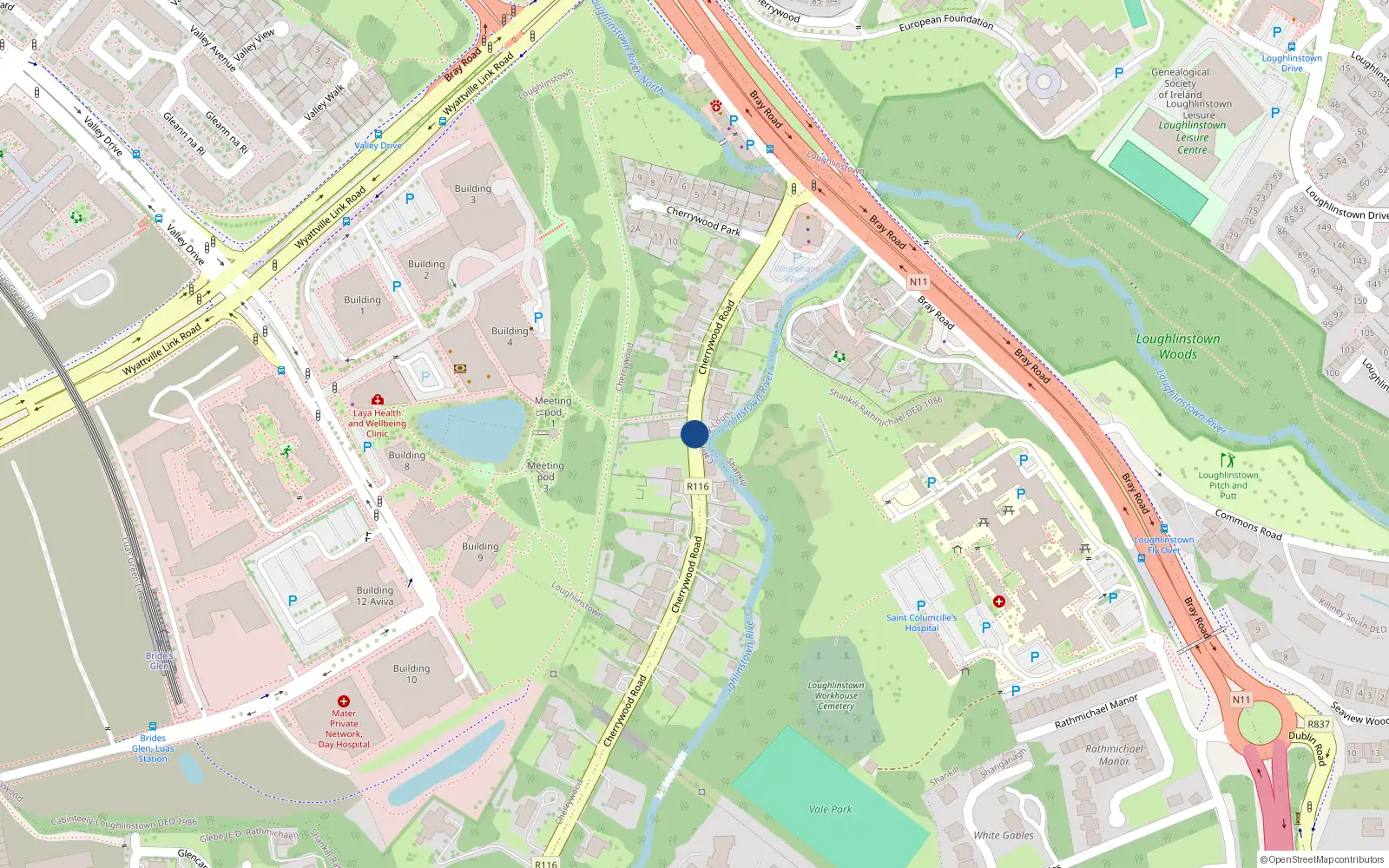 Overhead map showing the location of Cherrywood Road, Loughlinstown