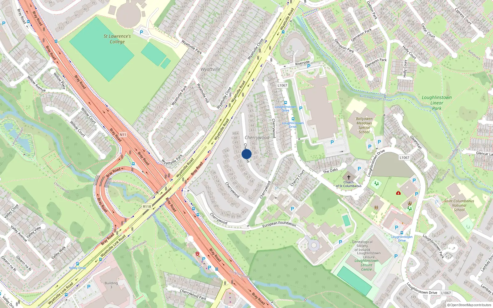 Overhead map showing the location of Cherrywood, Loughlinstown