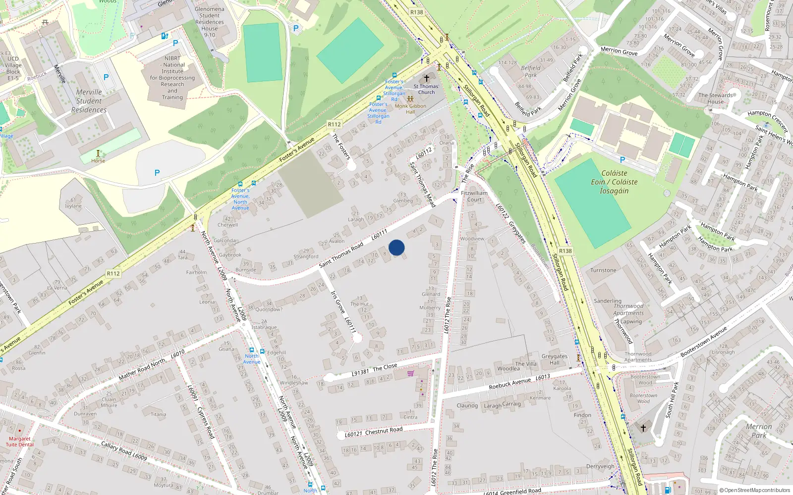 Overhead map showing the location of St. Penryst, 6 St. Thomas Road, Mount Merrion