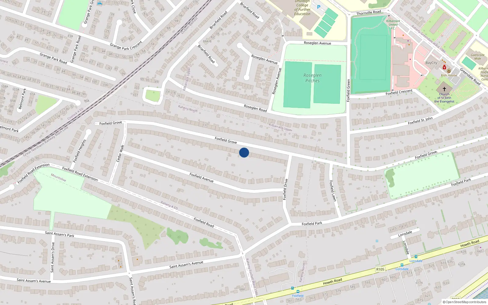 Overhead map showing the location of St Ritas, 114 Foxfield Grove, Roheny