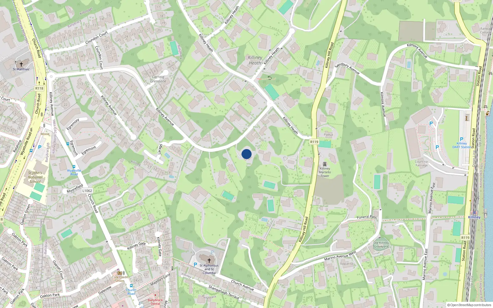 Overhead map showing the location of Killiney Avenue, Killiney