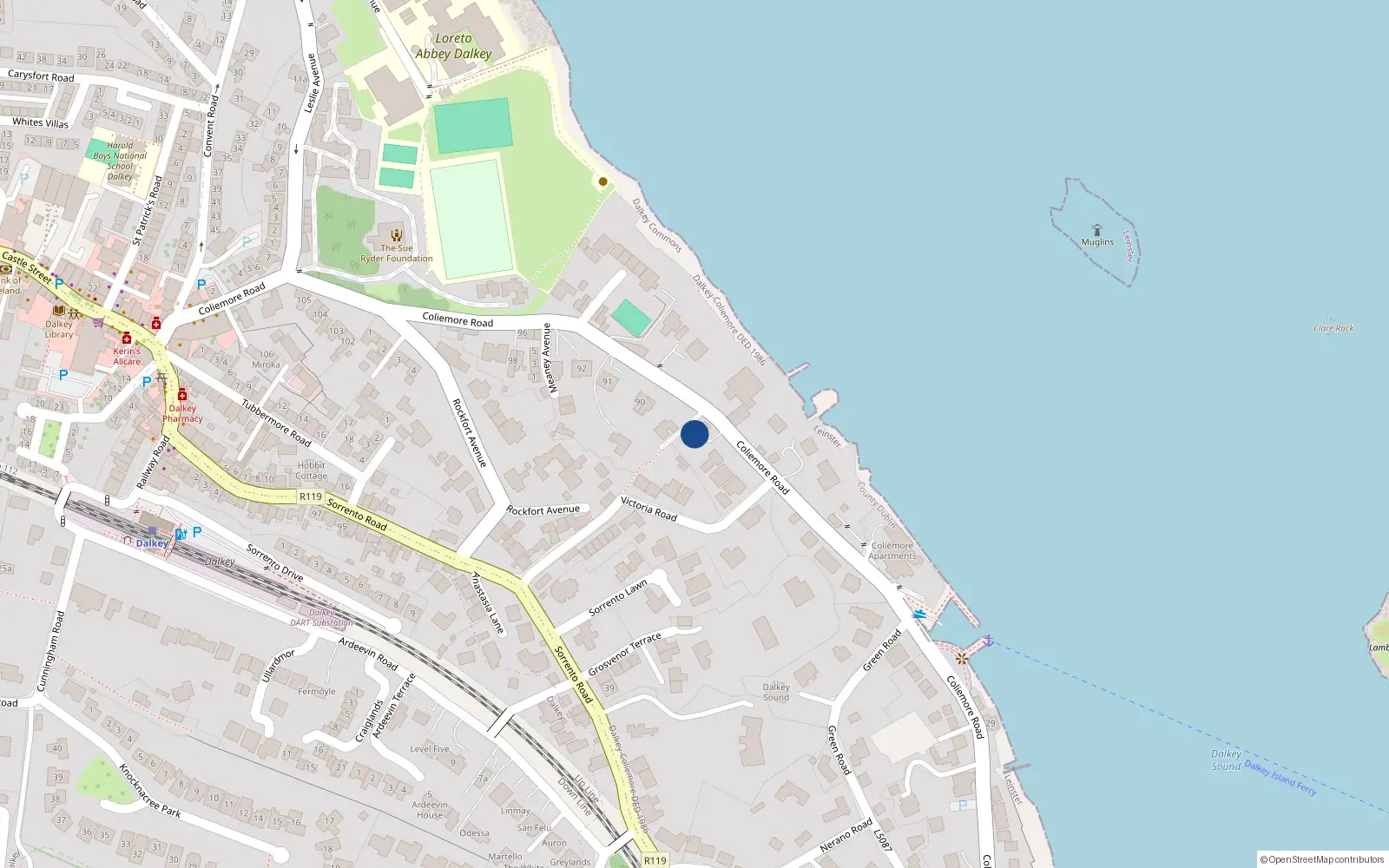 Overhead map showing the location of Coliemore Road, Dalkey