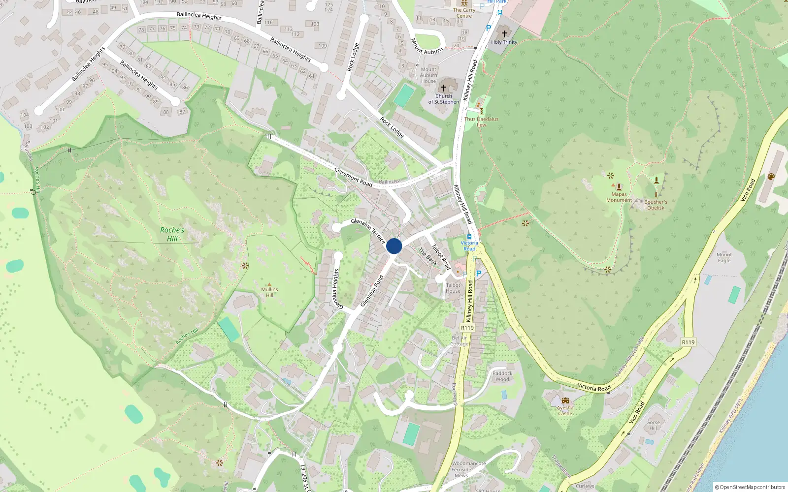 Overhead map showing the location of Stone Cottage, 6A Glenalua Road, Killiney