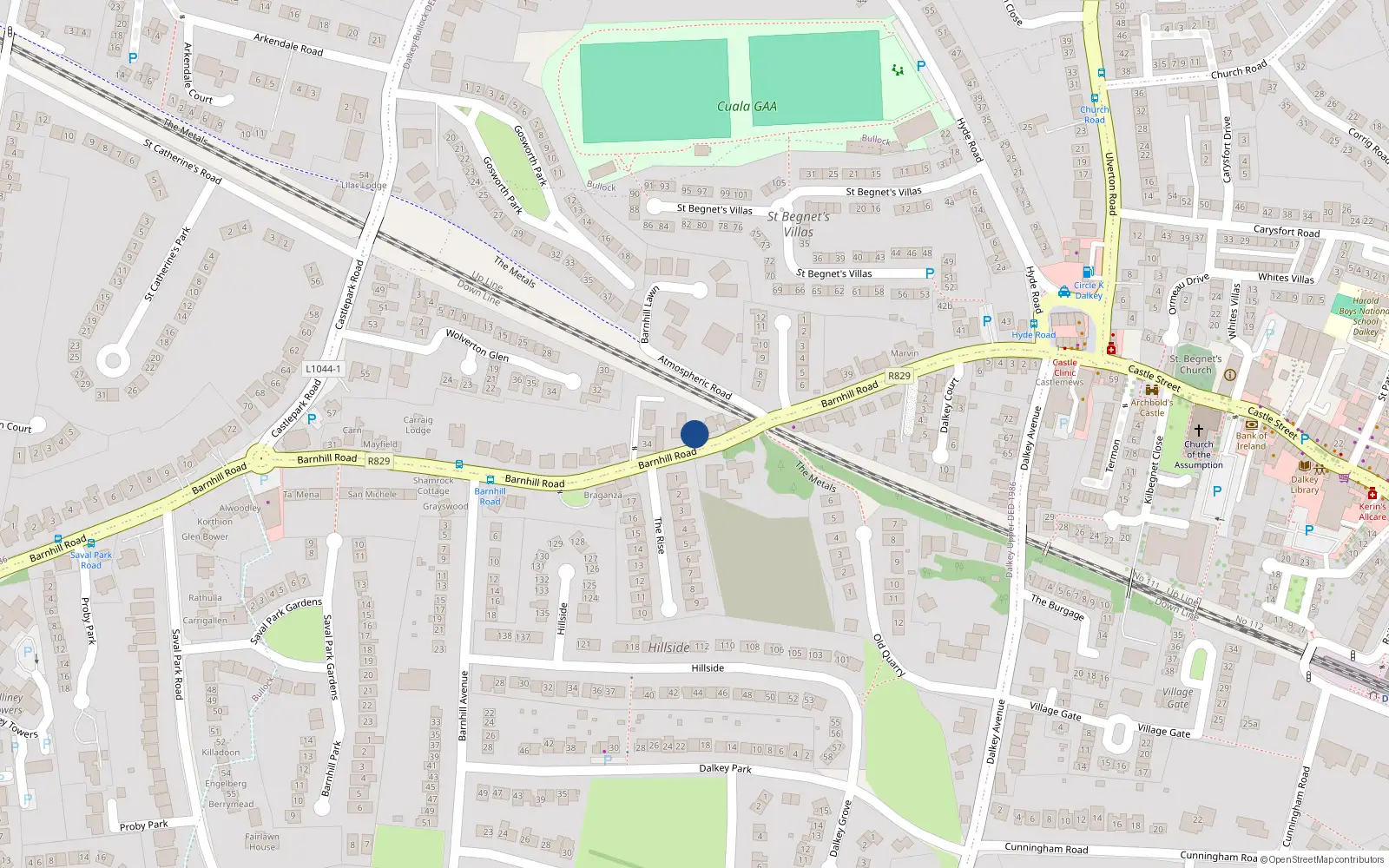 Overhead map showing the location of Barnhill Road, Dalkey