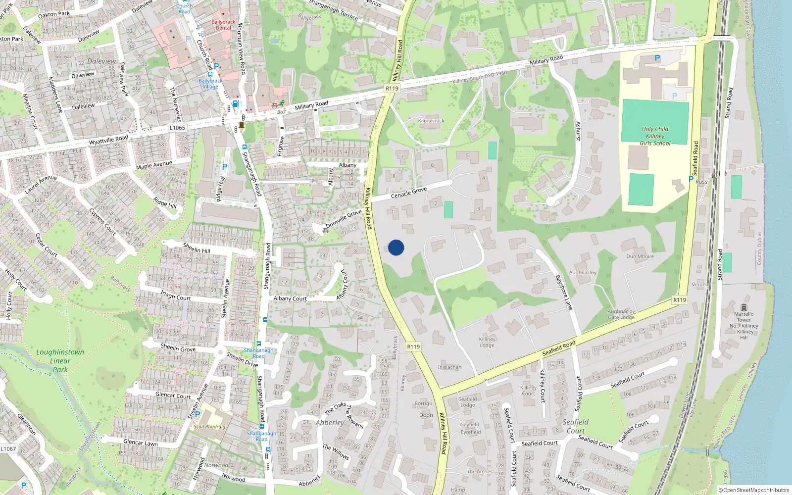 Overhead map showing the location of Killiney Hill Road, Killiney