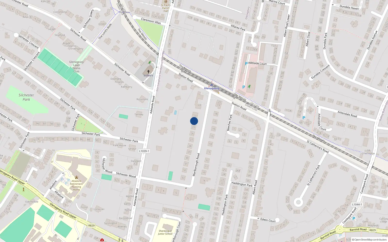 Overhead map showing the location of 24 Marlborough Road, Glenageary