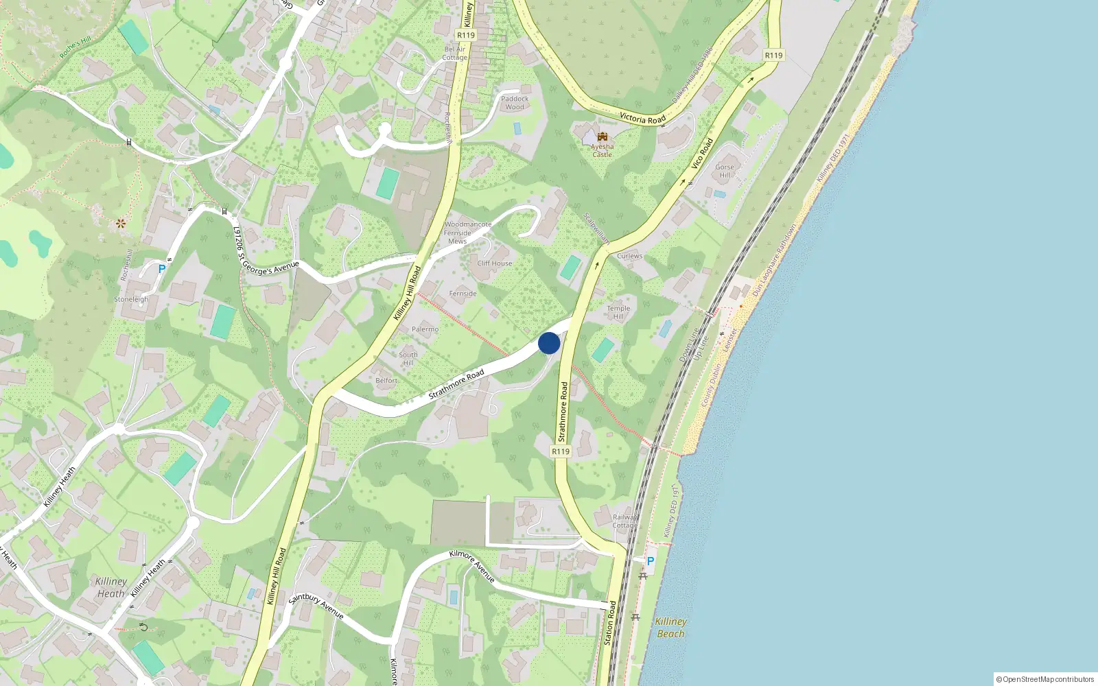 Overhead map showing the location of Strathmore Road, Killiney