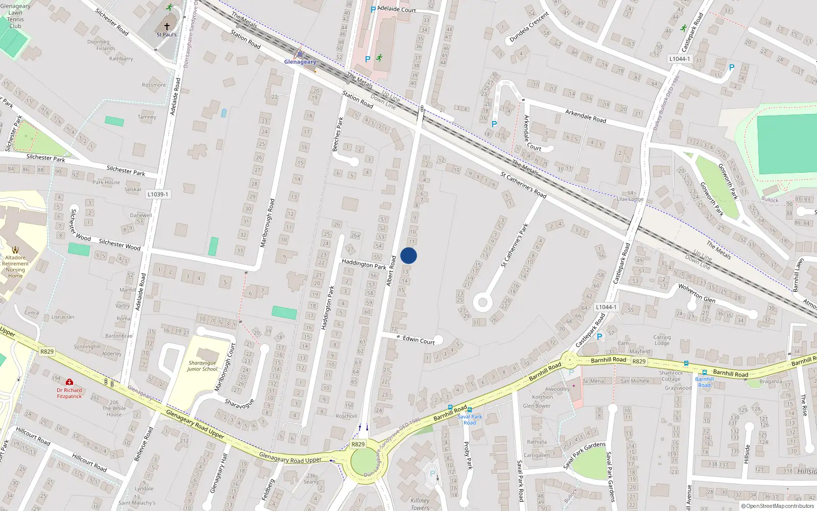 Overhead map showing the location of 12 Albert Road Upper, Glenageary