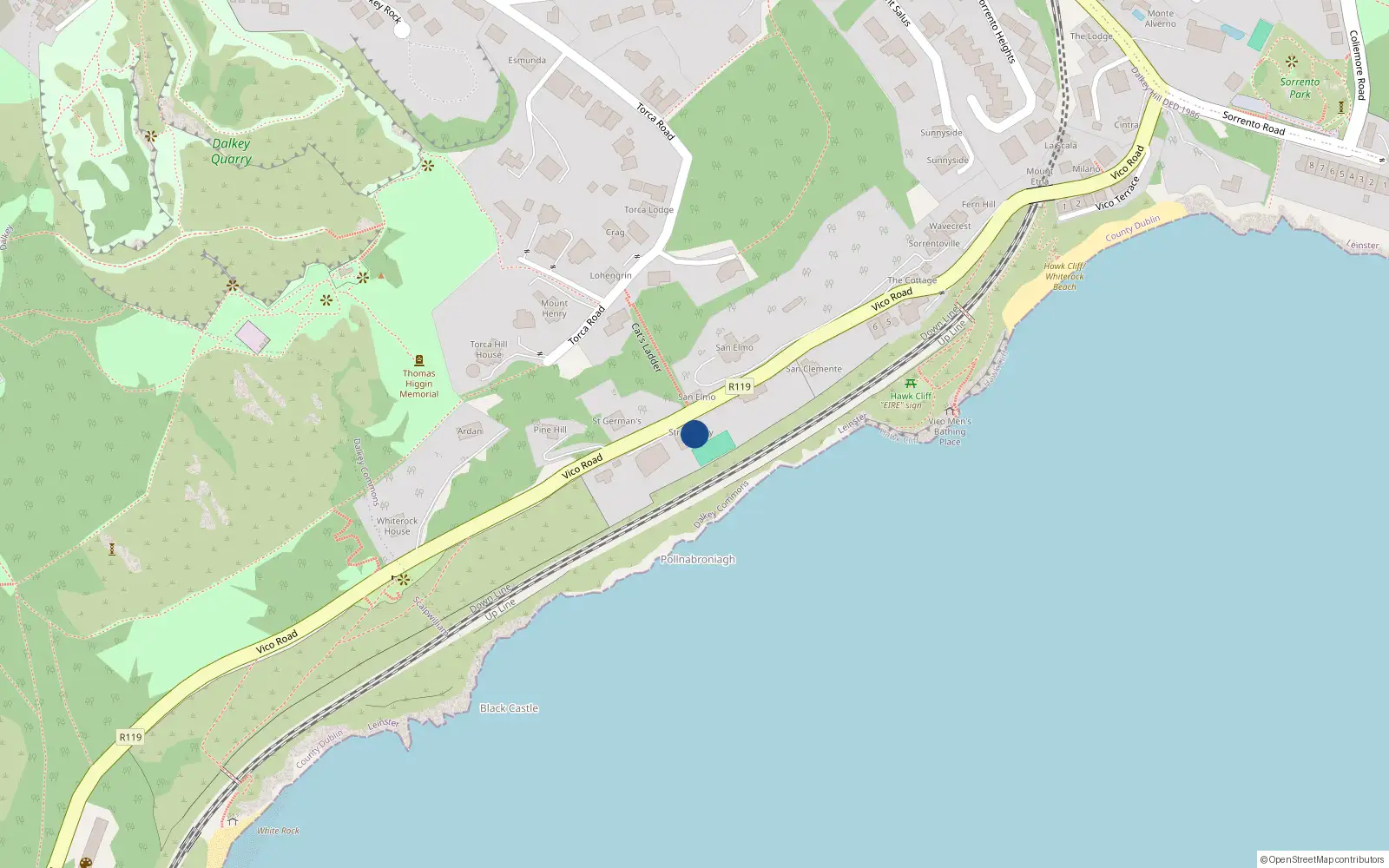 Overhead map showing the location of Vico Road, Killiney