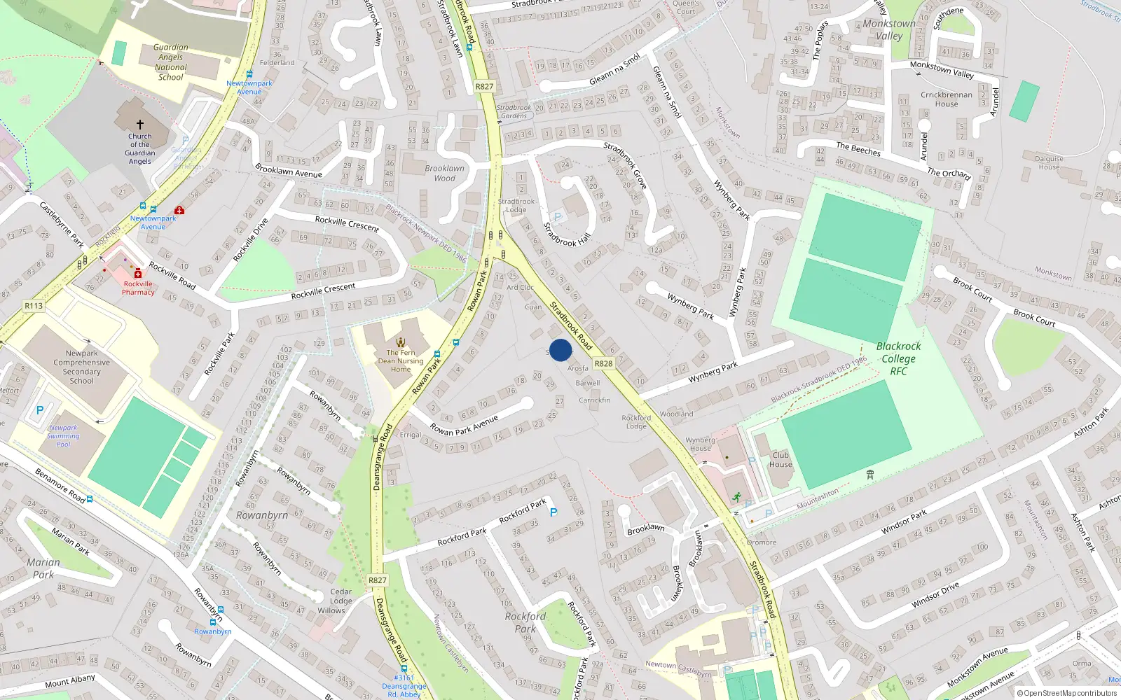 Overhead map showing the location of Stradbrook Road, Blackrock