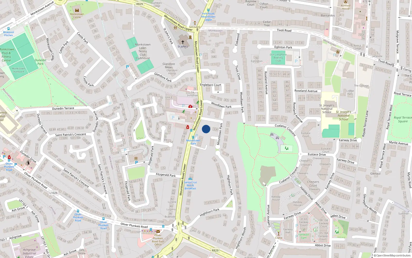 Overhead map showing the location of Sunnybank, 1 Mounttown Park, Dun Laoghaire