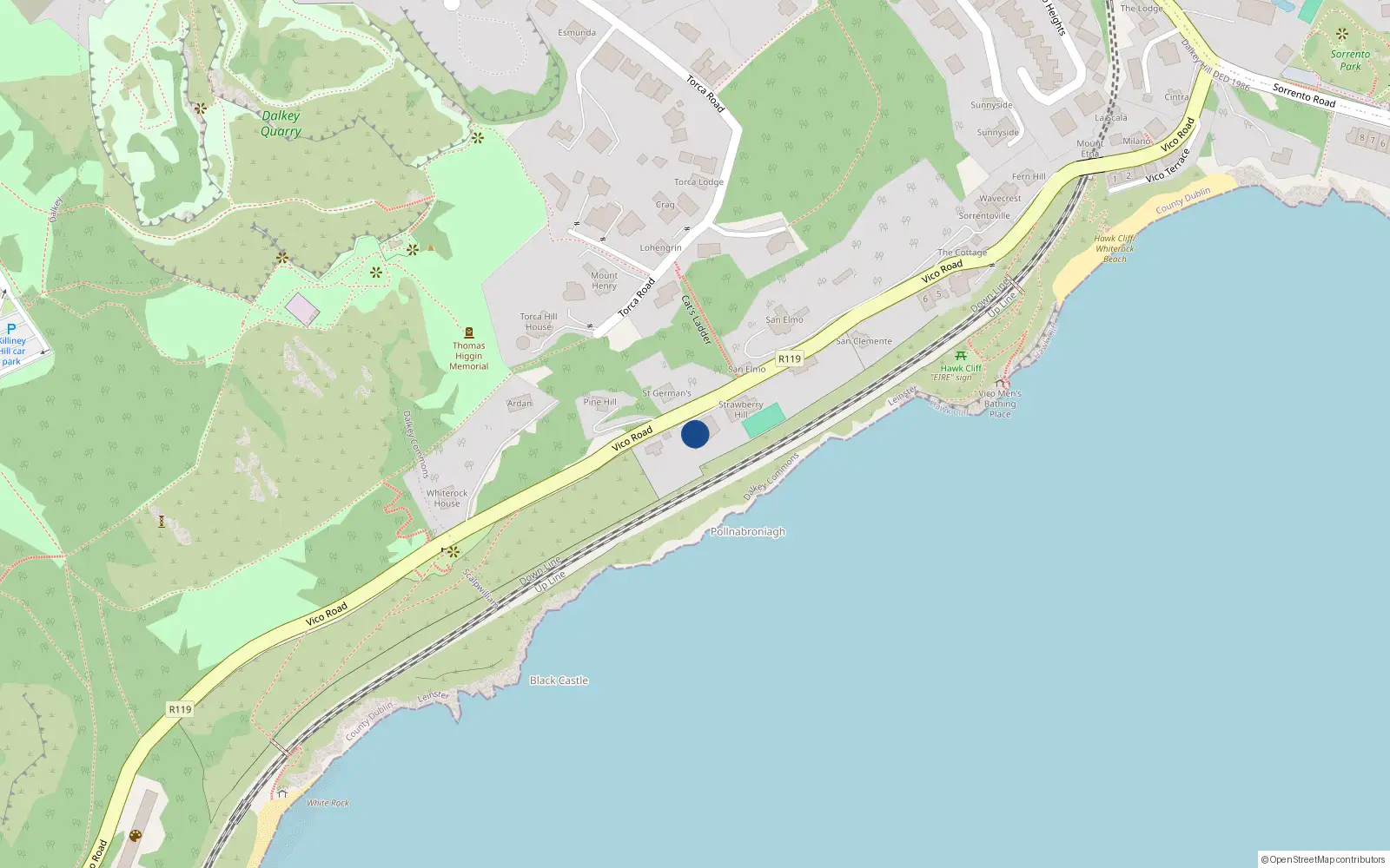 Overhead map showing the location of Vico Road, Killiney