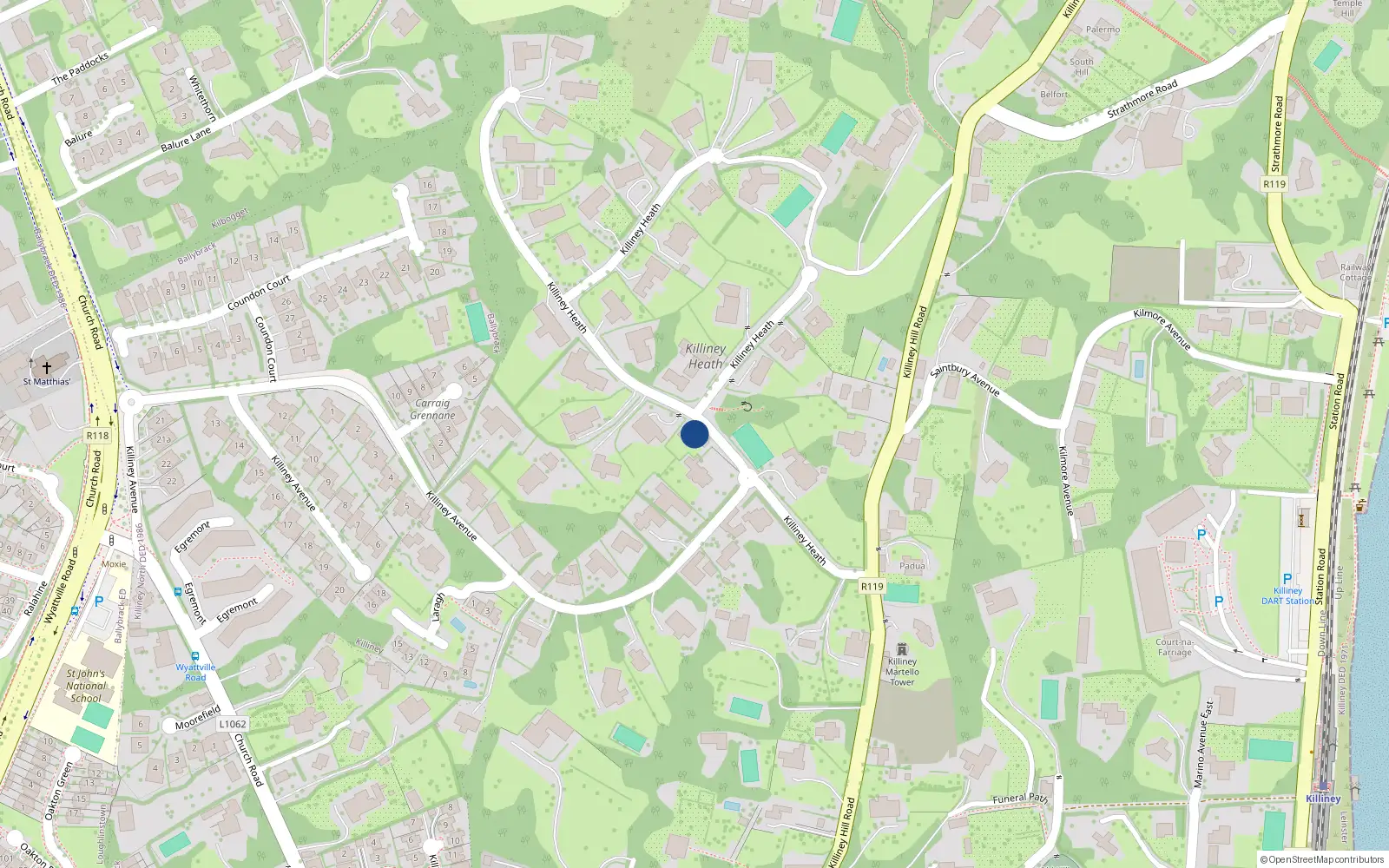 Overhead map showing the location of Killiney Avenue, Killiney