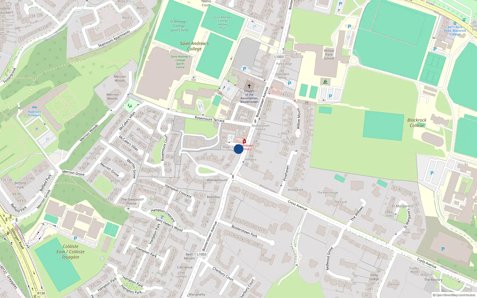 Overhead map showing the location of 93 Booterstown Avenue, Blackrock