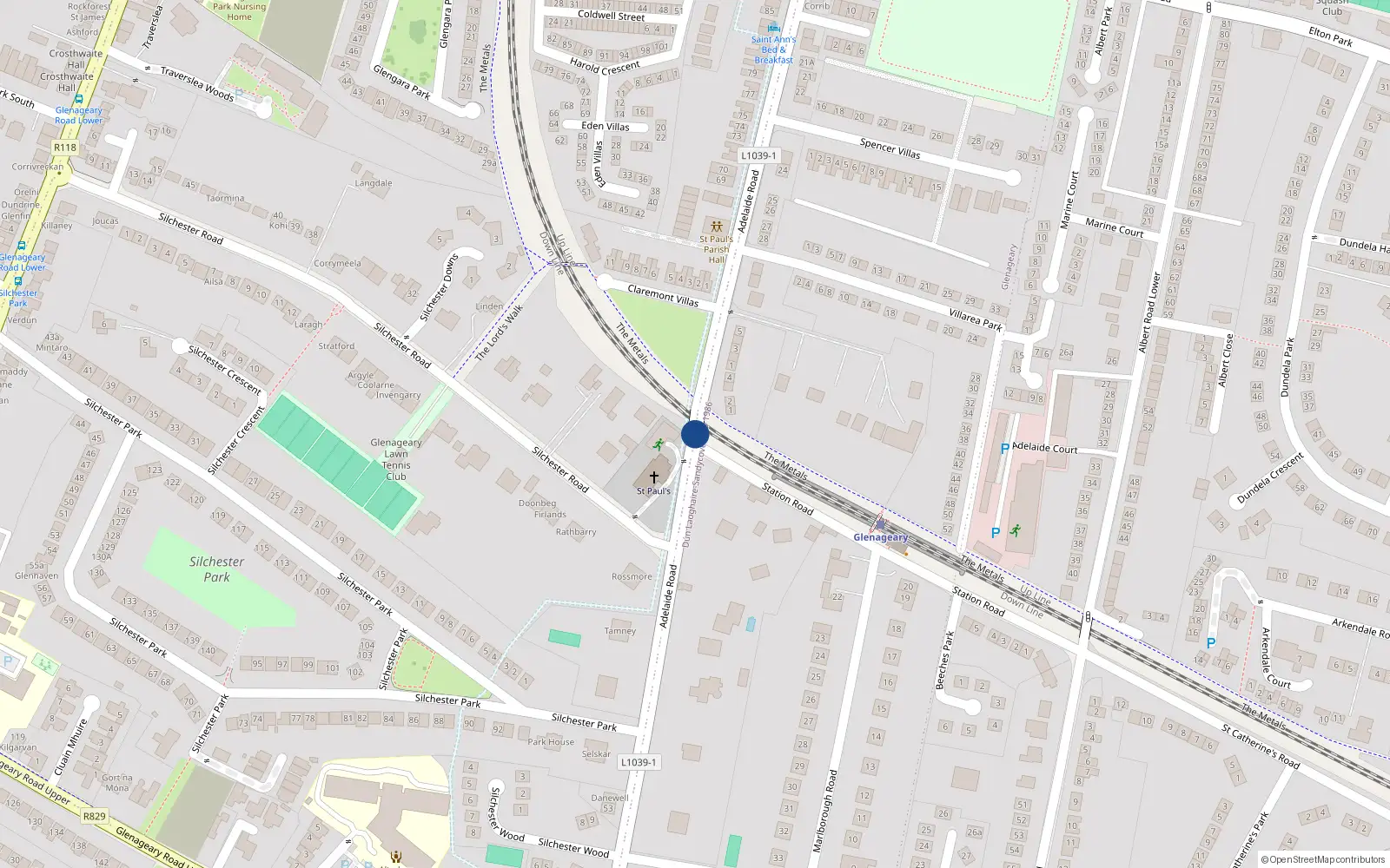 Overhead map showing the location of Adelaide Road, Glenageary