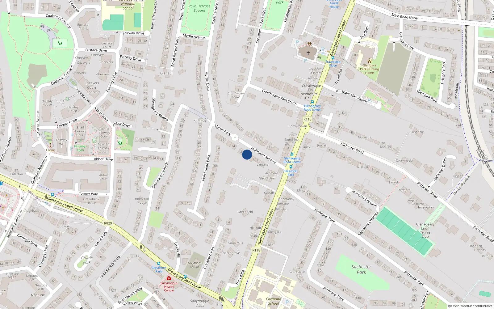 Overhead map showing the location of 6 Holmston Avenue, Glenageary
