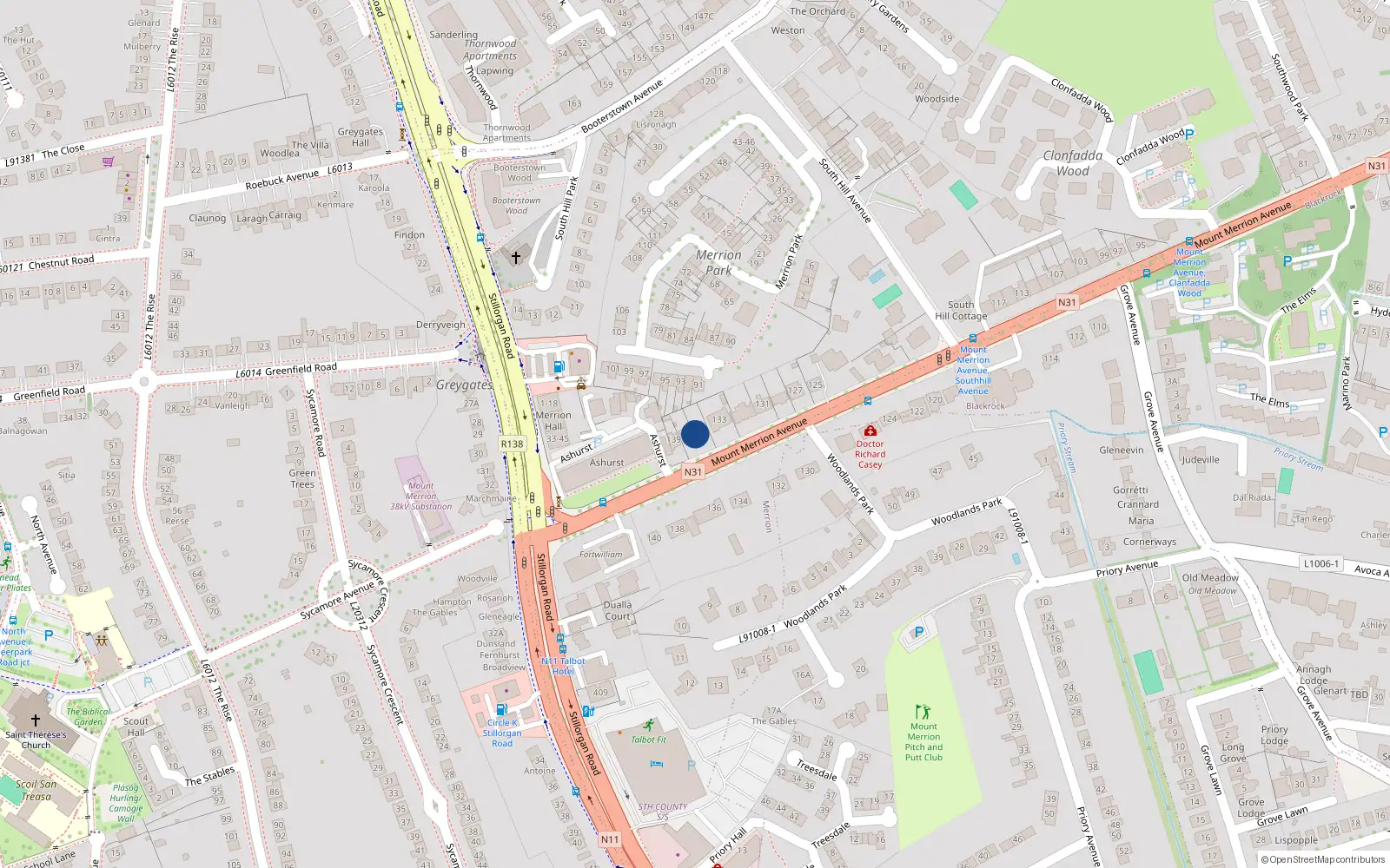 Overhead map showing the location of 137 Mount Merrion Avenue, Blackrock