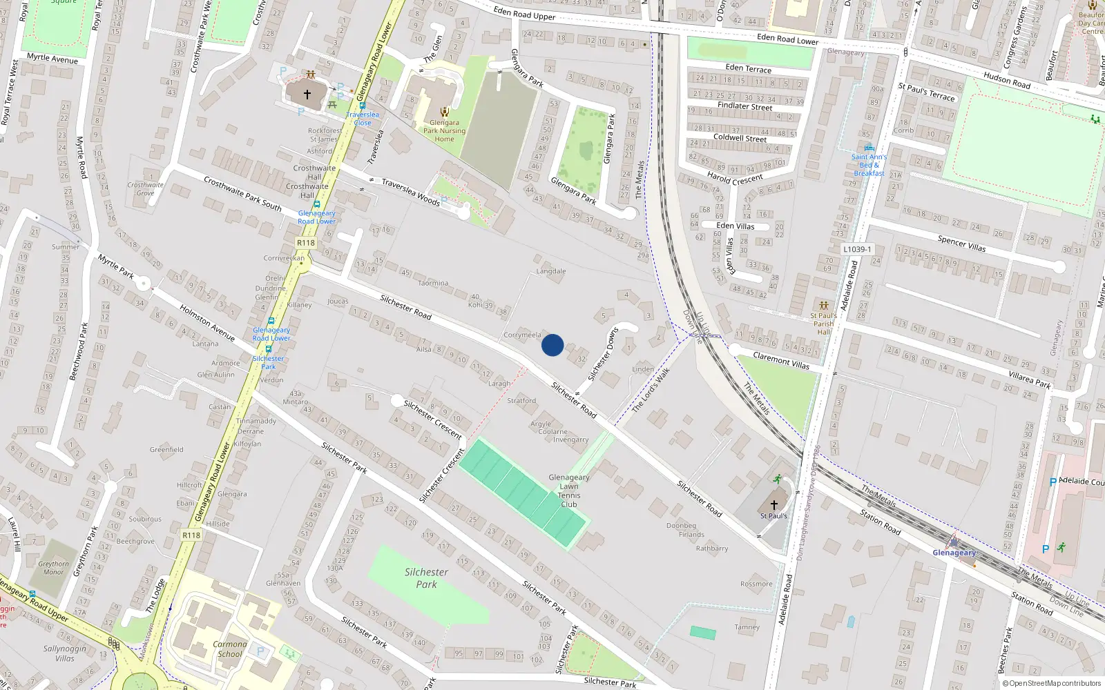Overhead map showing the location of Tanglewood, 34 Silchester Road, Glenageary