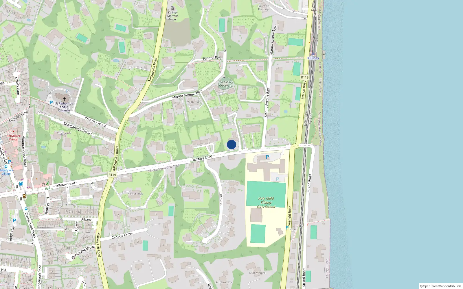 Overhead map showing the location of Military Road, Killiney