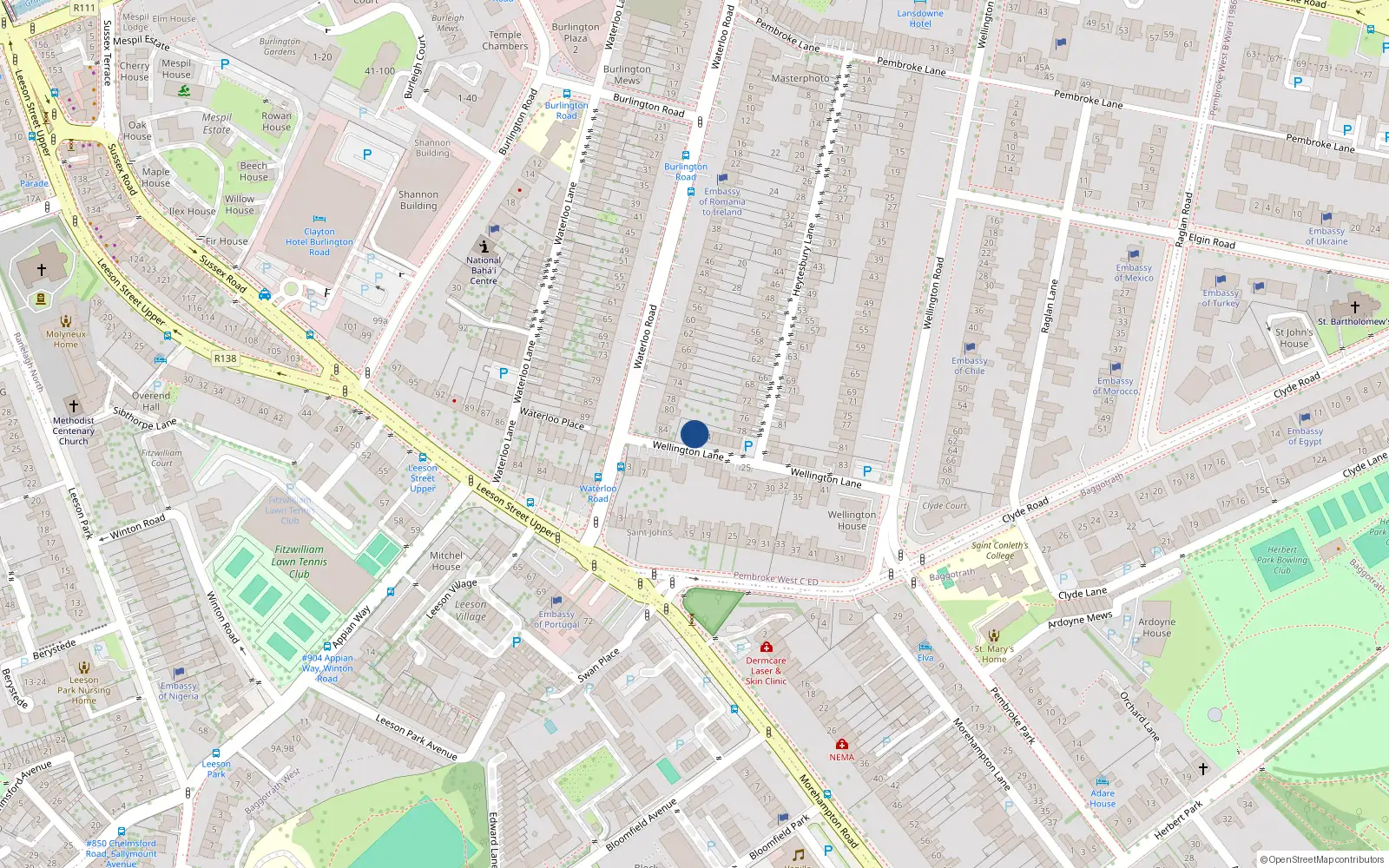 Overhead map showing the location of 2 Wellington Lane, Ballsbridge Dublin 4