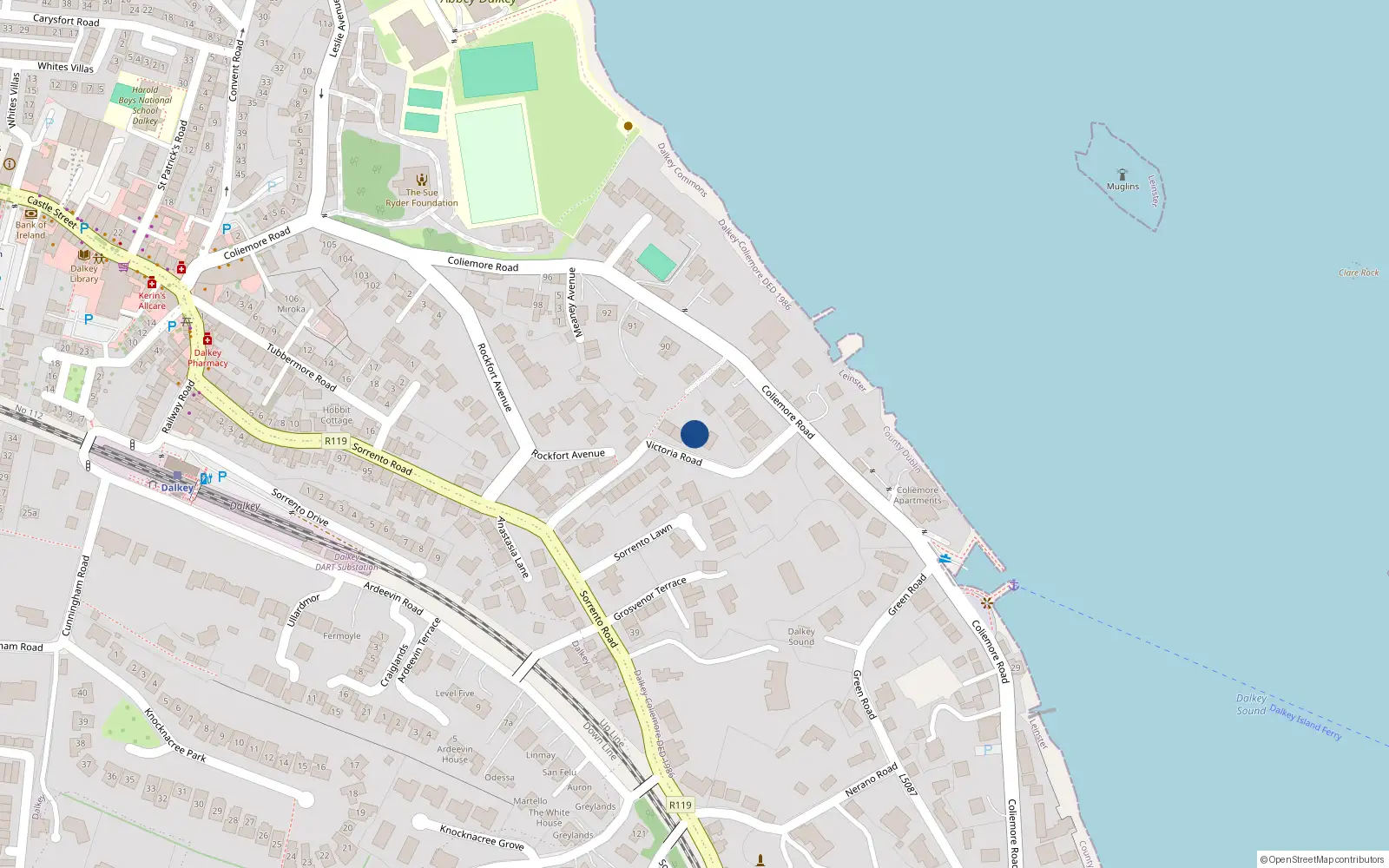 Overhead map showing the location of Tearman, 9 Victoria Road, Dalkey