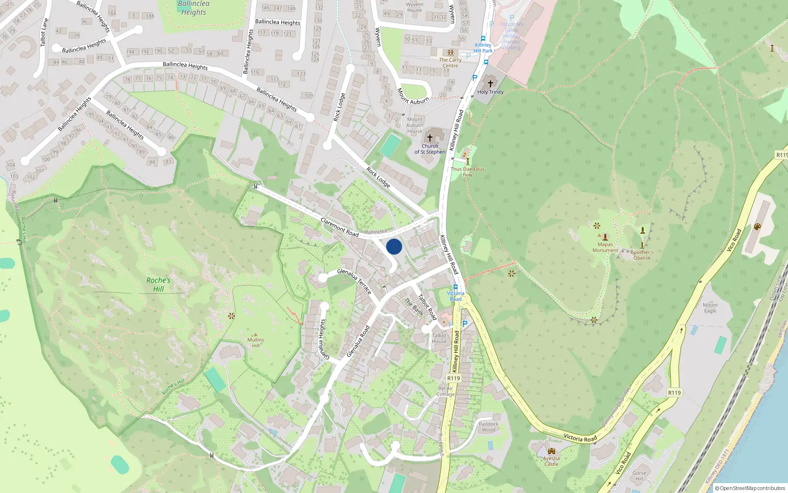 Overhead map showing the location of Claremont Road, Killiney