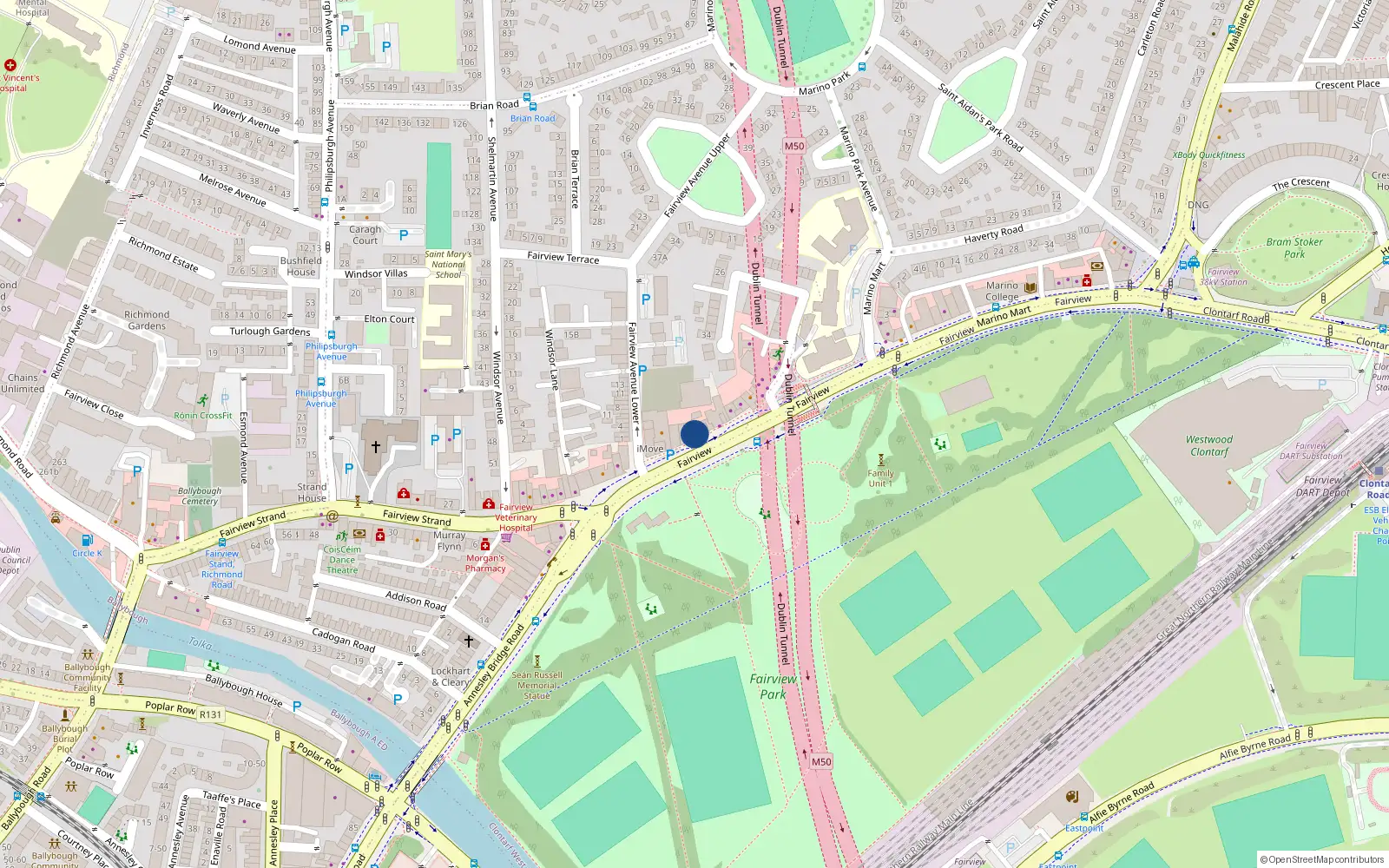 Overhead map showing the location of 16 Fairview, Dublin