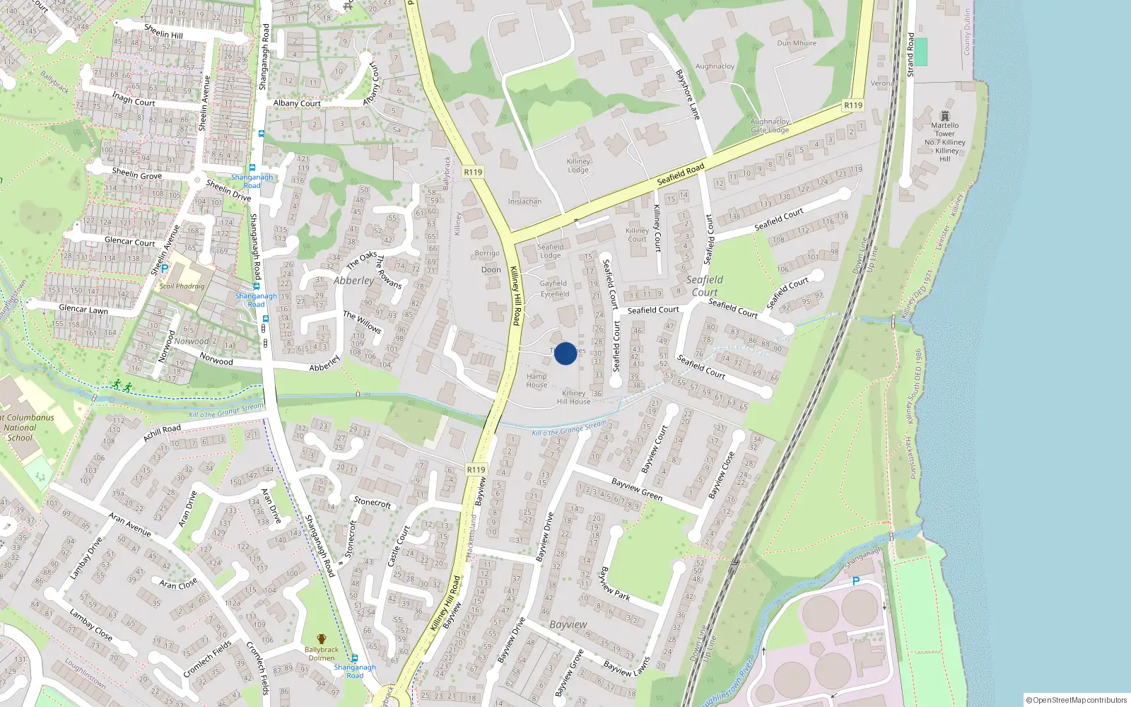 Overhead map showing the location of Killiney Hill Road, Killiney